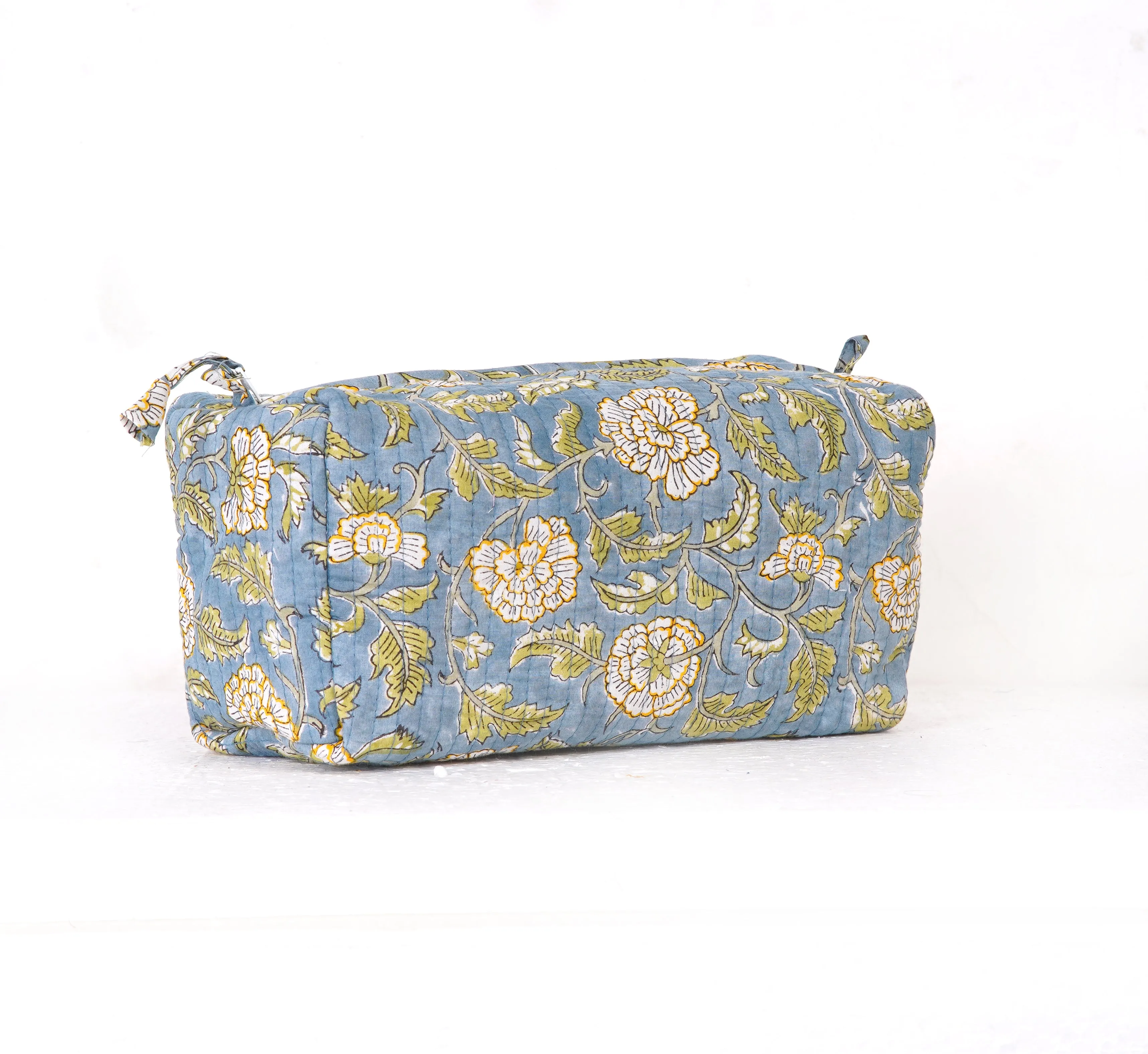 Blue Meadow Quilted Toiletry Pouch Set – Hand Block Printed (Set of 3)