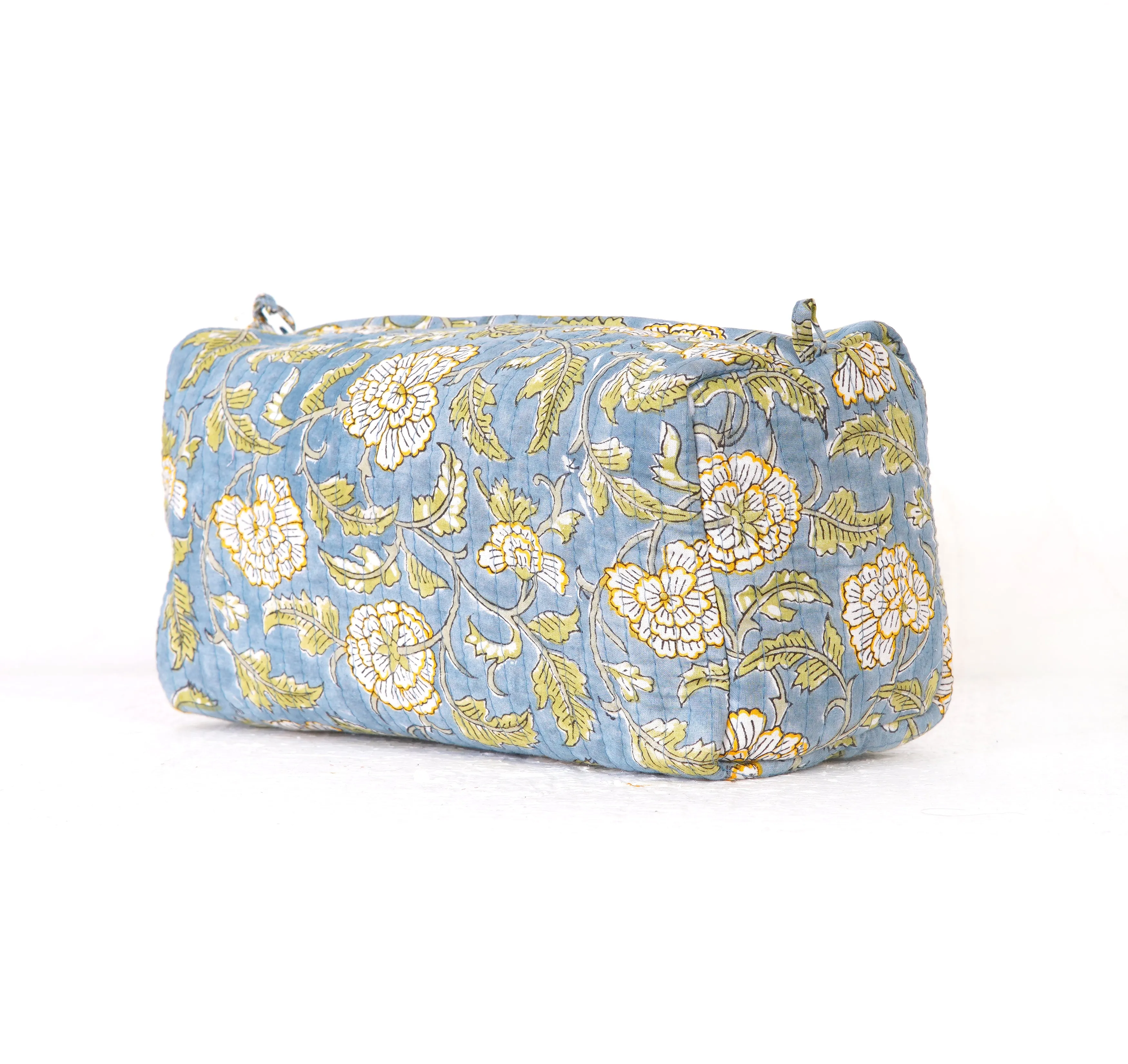 Blue Meadow Quilted Toiletry Pouch Set – Hand Block Printed (Set of 3)