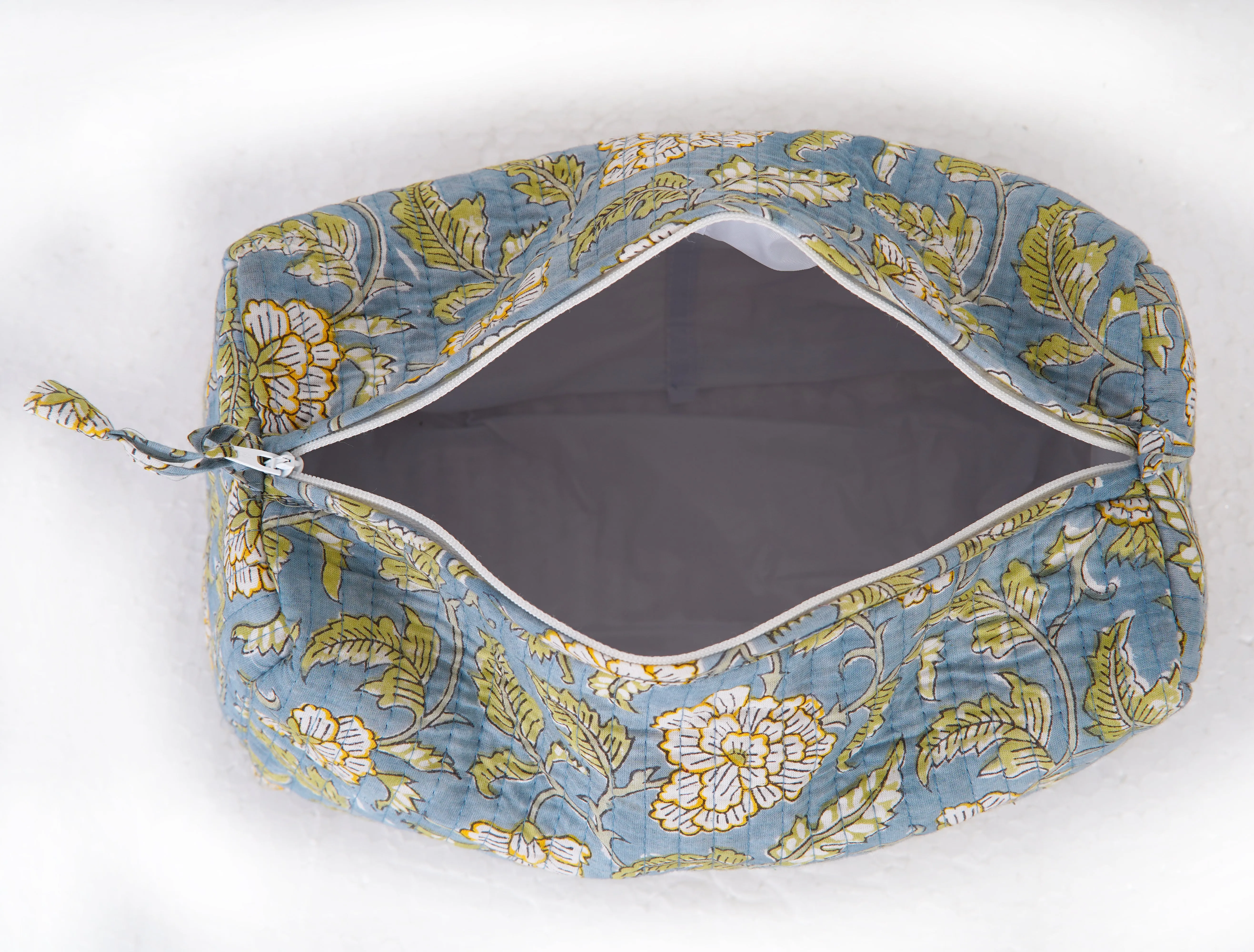 Blue Meadow Quilted Toiletry Pouch Set – Hand Block Printed (Set of 3)