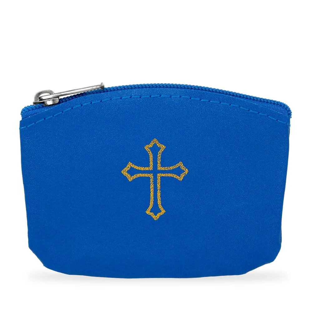 Blue  Rosary Pouch with Zipper and Gold Cross Imprint