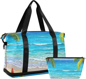 Blue Summer Vacation Beach Coconut Tree Travel Duffel Bag Overnight Bag with Toiletry Bag for Airplane Traveling Waterproof