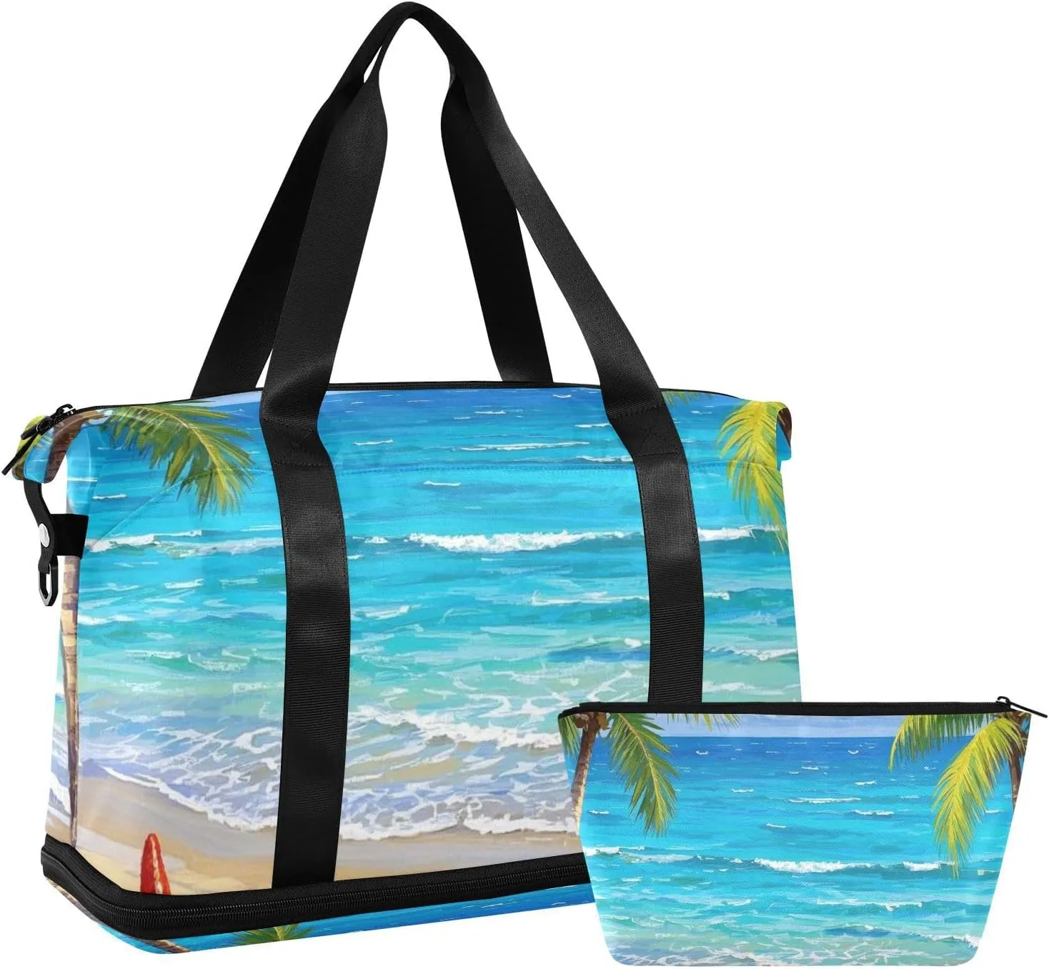 Blue Summer Vacation Beach Coconut Tree Travel Duffel Bag Overnight Bag with Toiletry Bag for Airplane Traveling Waterproof