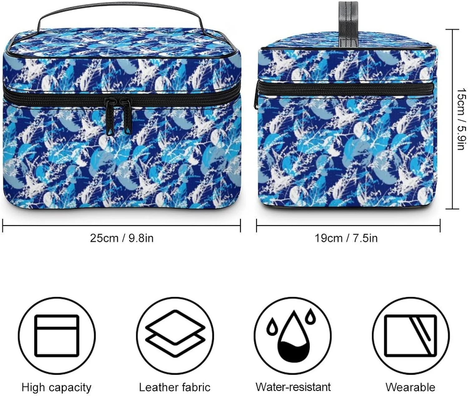 Blue Tropical Leaves Cosmetic Bag For Women Travel Make Up Bags Skincare Toiletry Storage Organizer Mens Holiday Waterproof Soft Leather Makeup Box With Handle Compartments