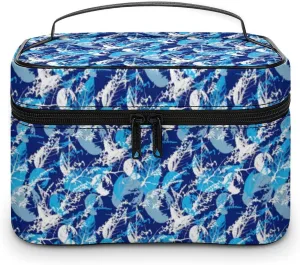 Blue Tropical Leaves Cosmetic Bag For Women Travel Make Up Bags Skincare Toiletry Storage Organizer Mens Holiday Waterproof Soft Leather Makeup Box With Handle Compartments