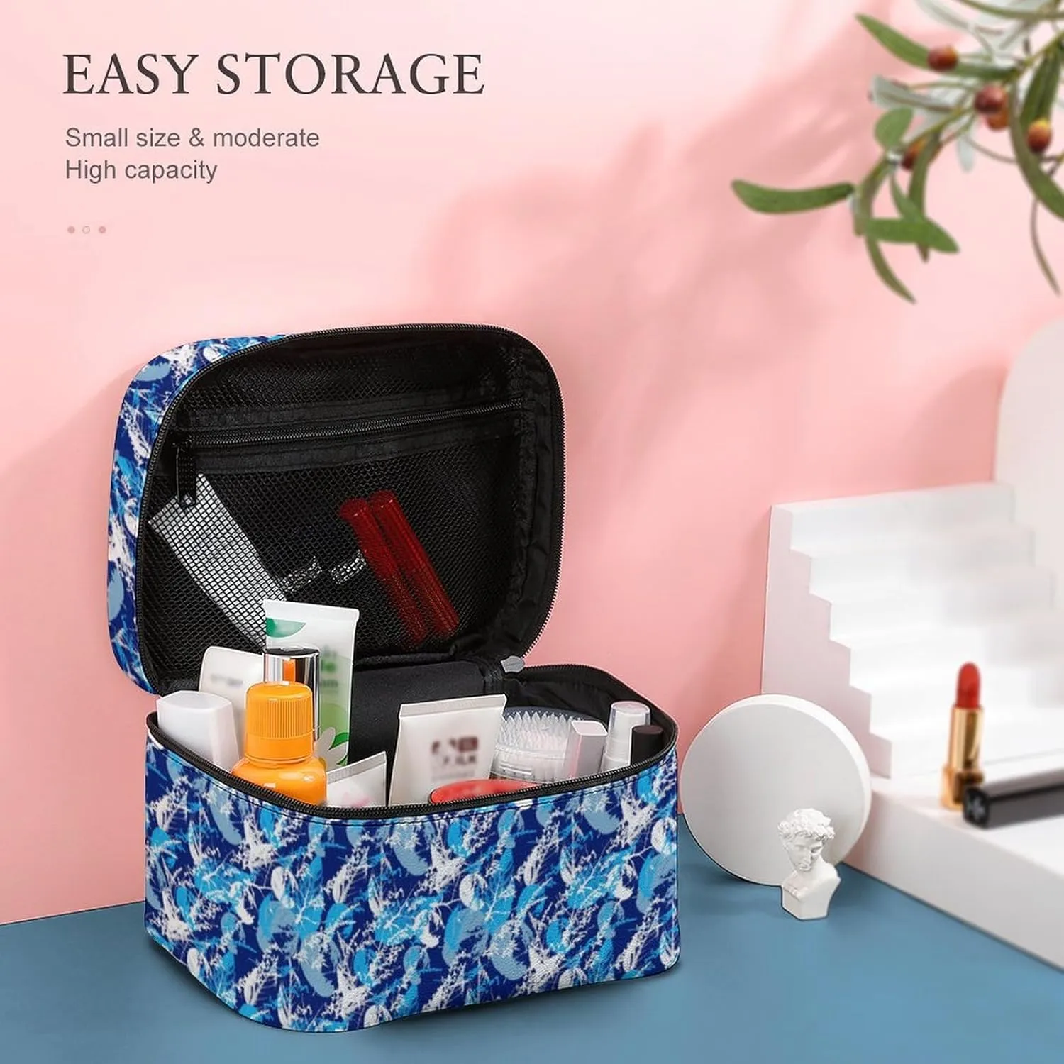 Blue Tropical Leaves Cosmetic Bag For Women Travel Make Up Bags Skincare Toiletry Storage Organizer Mens Holiday Waterproof Soft Leather Makeup Box With Handle Compartments