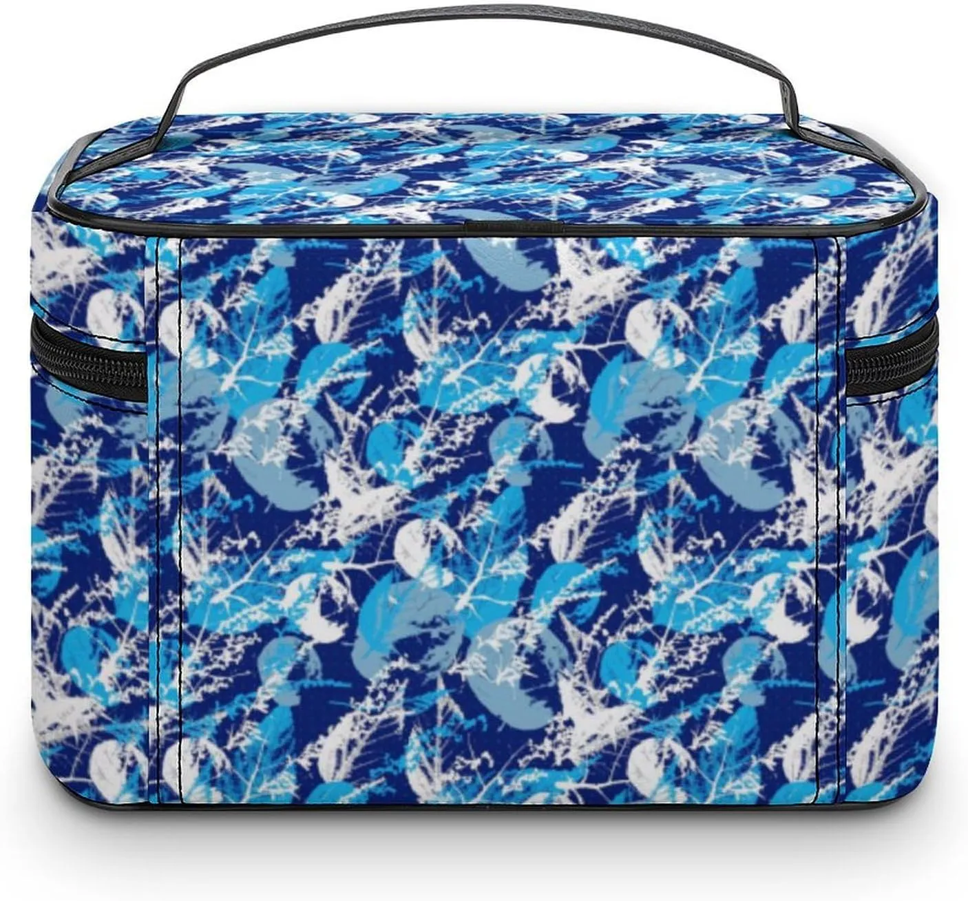 Blue Tropical Leaves Cosmetic Bag For Women Travel Make Up Bags Skincare Toiletry Storage Organizer Mens Holiday Waterproof Soft Leather Makeup Box With Handle Compartments