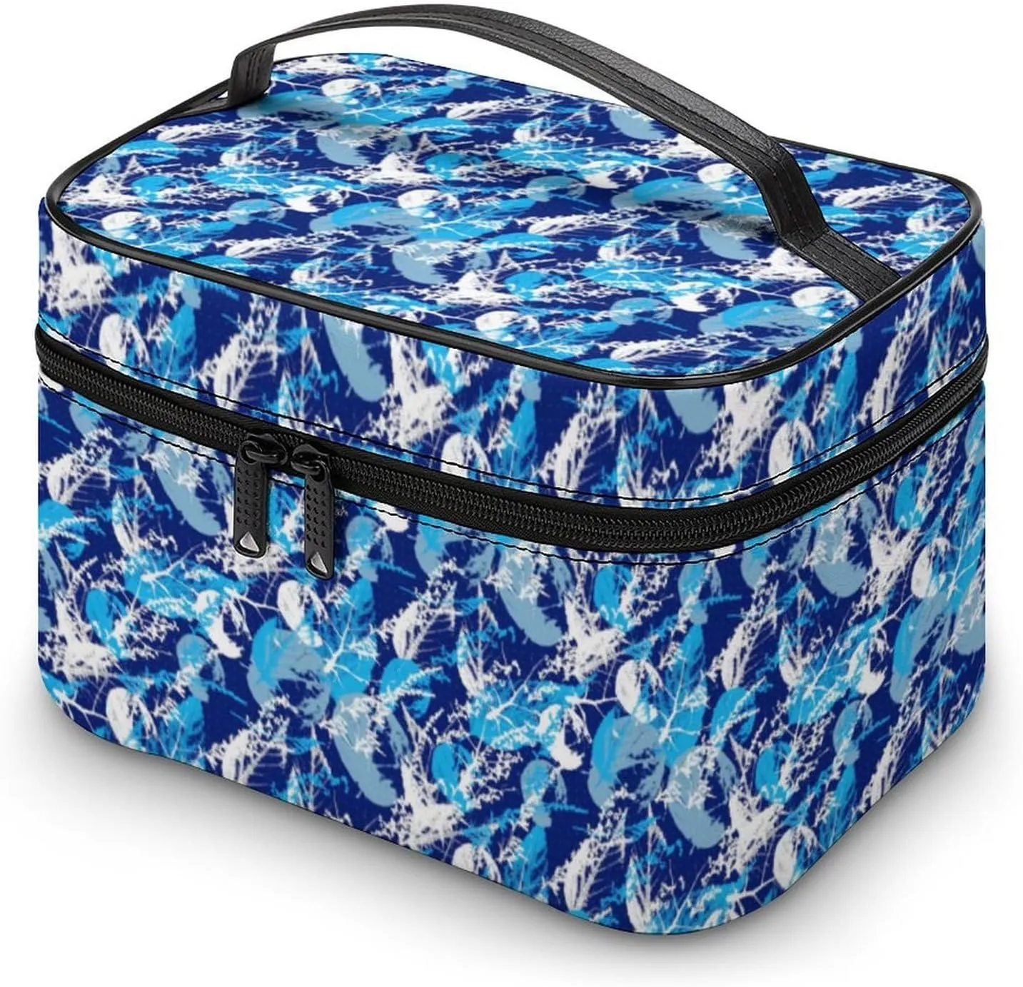 Blue Tropical Leaves Cosmetic Bag For Women Travel Make Up Bags Skincare Toiletry Storage Organizer Mens Holiday Waterproof Soft Leather Makeup Box With Handle Compartments
