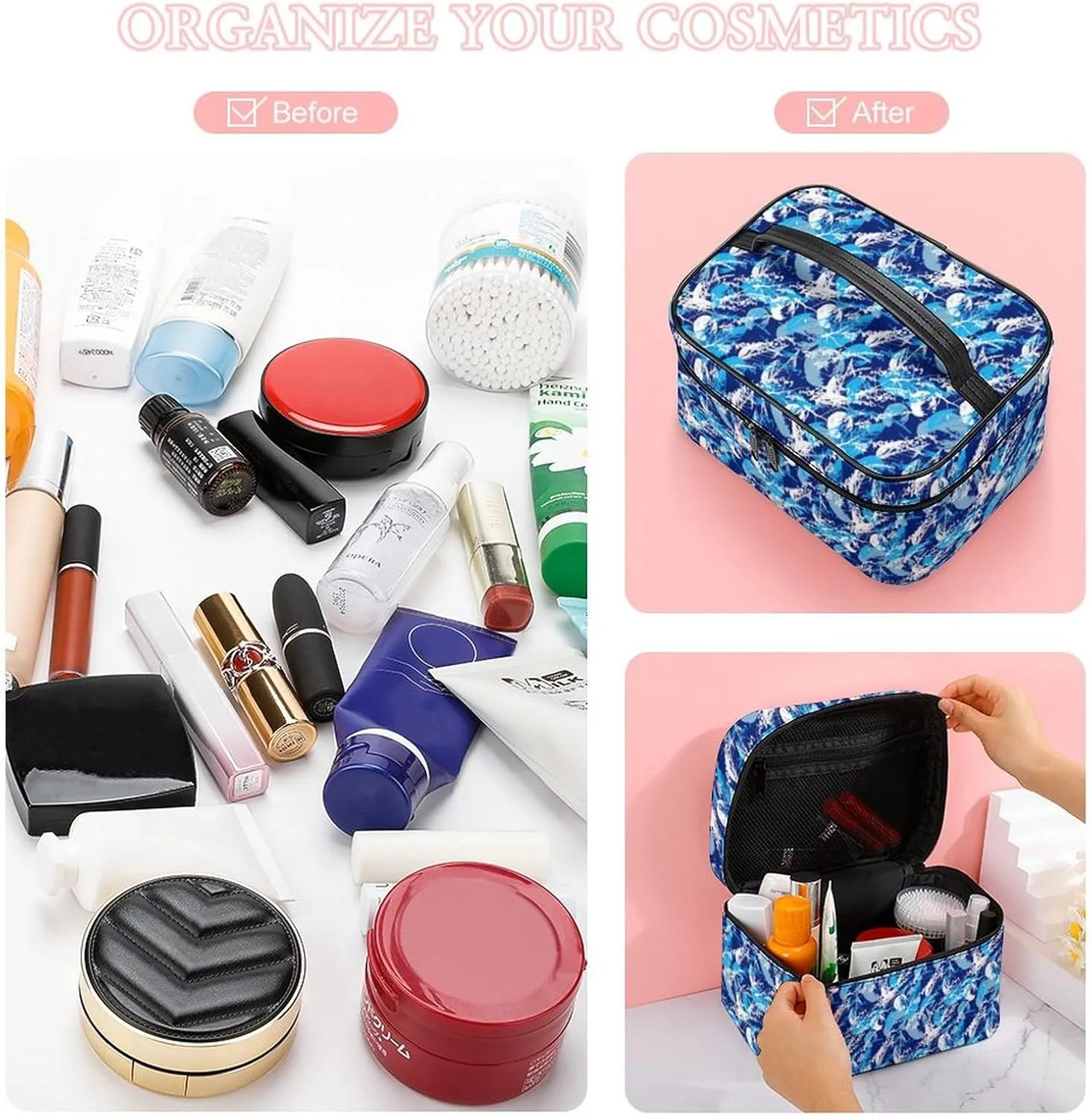 Blue Tropical Leaves Cosmetic Bag For Women Travel Make Up Bags Skincare Toiletry Storage Organizer Mens Holiday Waterproof Soft Leather Makeup Box With Handle Compartments