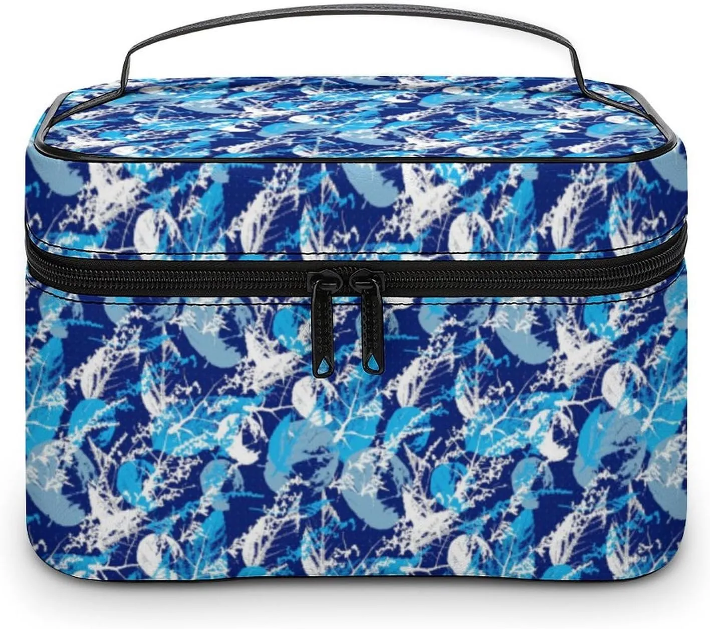 Blue Tropical Leaves Cosmetic Bag For Women Travel Make Up Bags Skincare Toiletry Storage Organizer Mens Holiday Waterproof Soft Leather Makeup Box With Handle Compartments