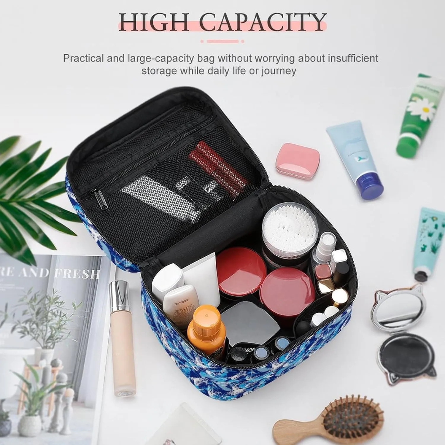 Blue Tropical Leaves Cosmetic Bag For Women Travel Make Up Bags Skincare Toiletry Storage Organizer Mens Holiday Waterproof Soft Leather Makeup Box With Handle Compartments