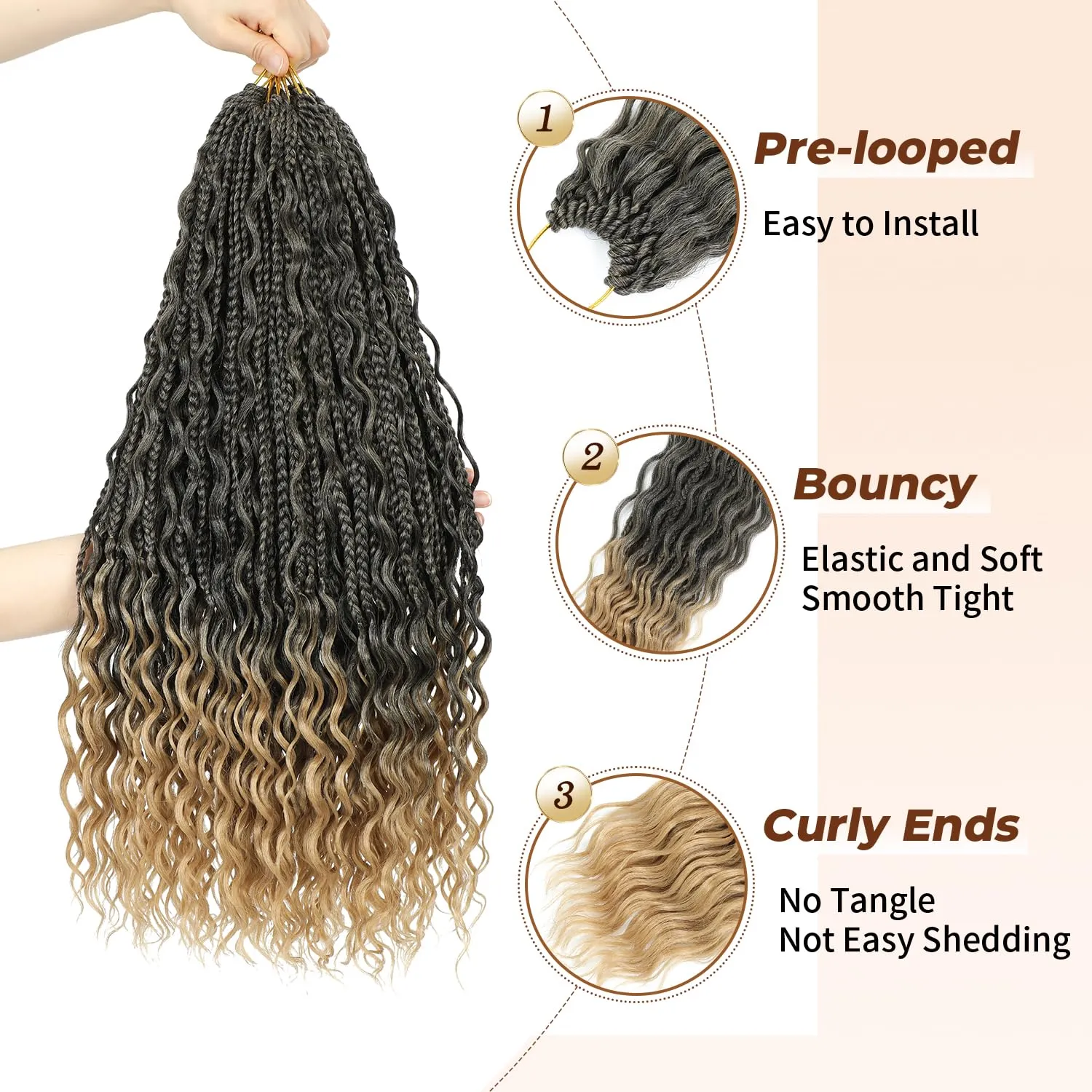 Boho Box Braids Crochet Hair 24 Inch - 8 Packs Black Mixed Honey Blonde Goddess Box River Braids Crochet Hair Pre-looped Bohemian Ombre Synthetic Braiding Hair with Curly Ends (24 Inch, T1B/27)