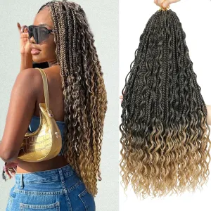 Boho Box Braids Crochet Hair 24 Inch - 8 Packs Black Mixed Honey Blonde Goddess Box River Braids Crochet Hair Pre-looped Bohemian Ombre Synthetic Braiding Hair with Curly Ends (24 Inch, T1B/27)