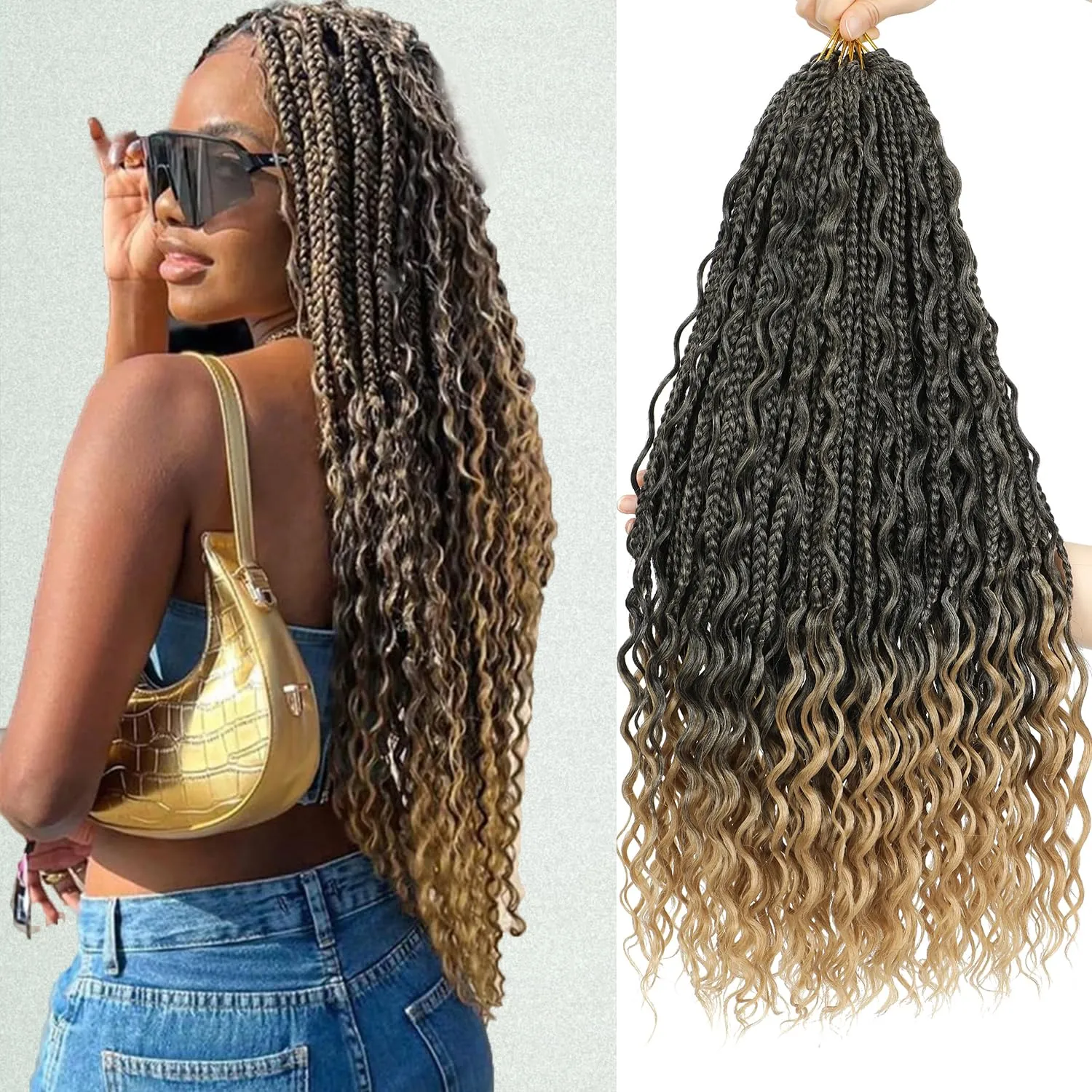 Boho Box Braids Crochet Hair 24 Inch - 8 Packs Black Mixed Honey Blonde Goddess Box River Braids Crochet Hair Pre-looped Bohemian Ombre Synthetic Braiding Hair with Curly Ends (24 Inch, T1B/27)