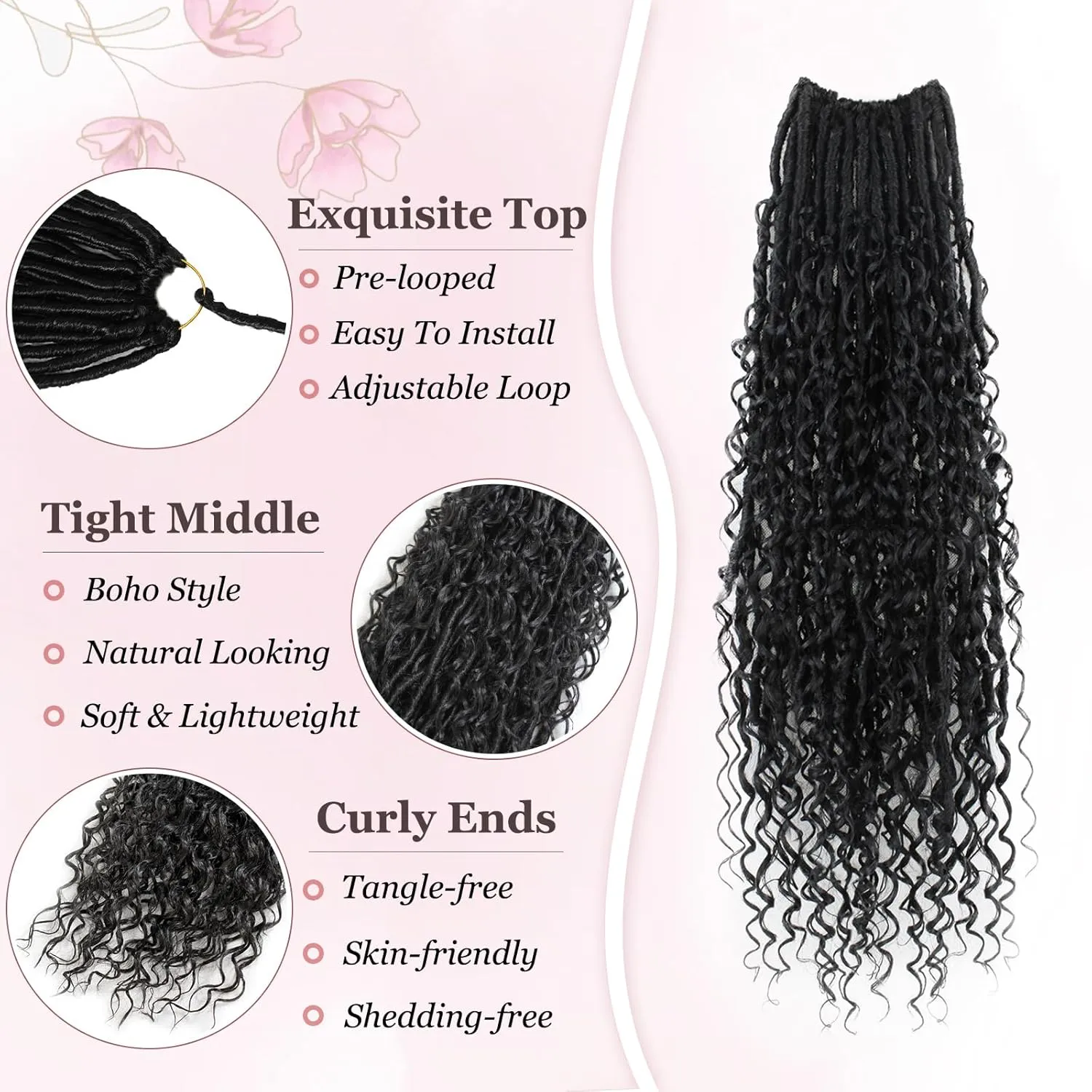 Boho Faux Locs Crochet Hair 9 Packs Long Goddess locs 24 Inch Boho Soft Locs With Curly Ends Pre Looped Bohemian River Loc Crochet Hair For Women (24 inch,1B)
