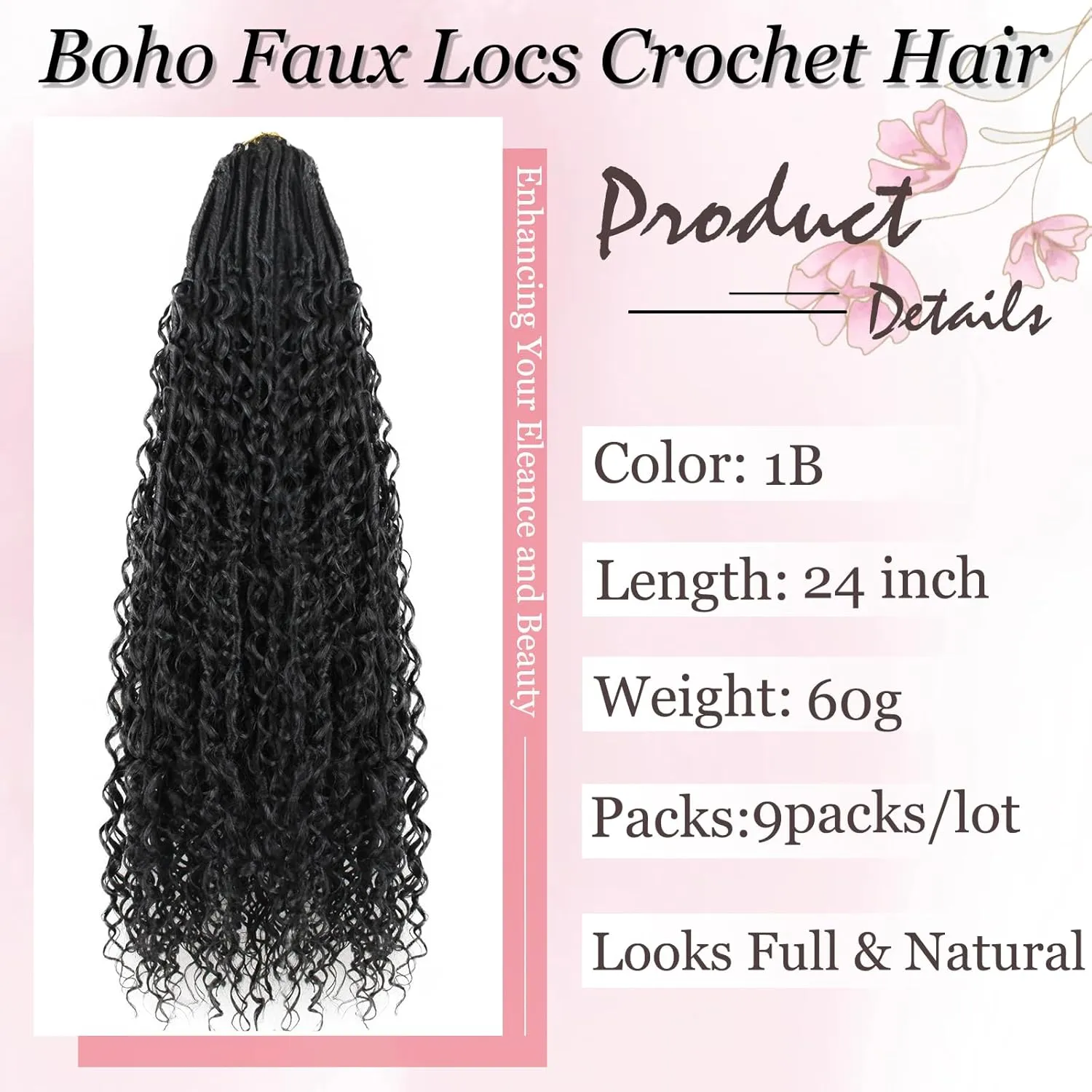 Boho Faux Locs Crochet Hair 9 Packs Long Goddess locs 24 Inch Boho Soft Locs With Curly Ends Pre Looped Bohemian River Loc Crochet Hair For Women (24 inch,1B)