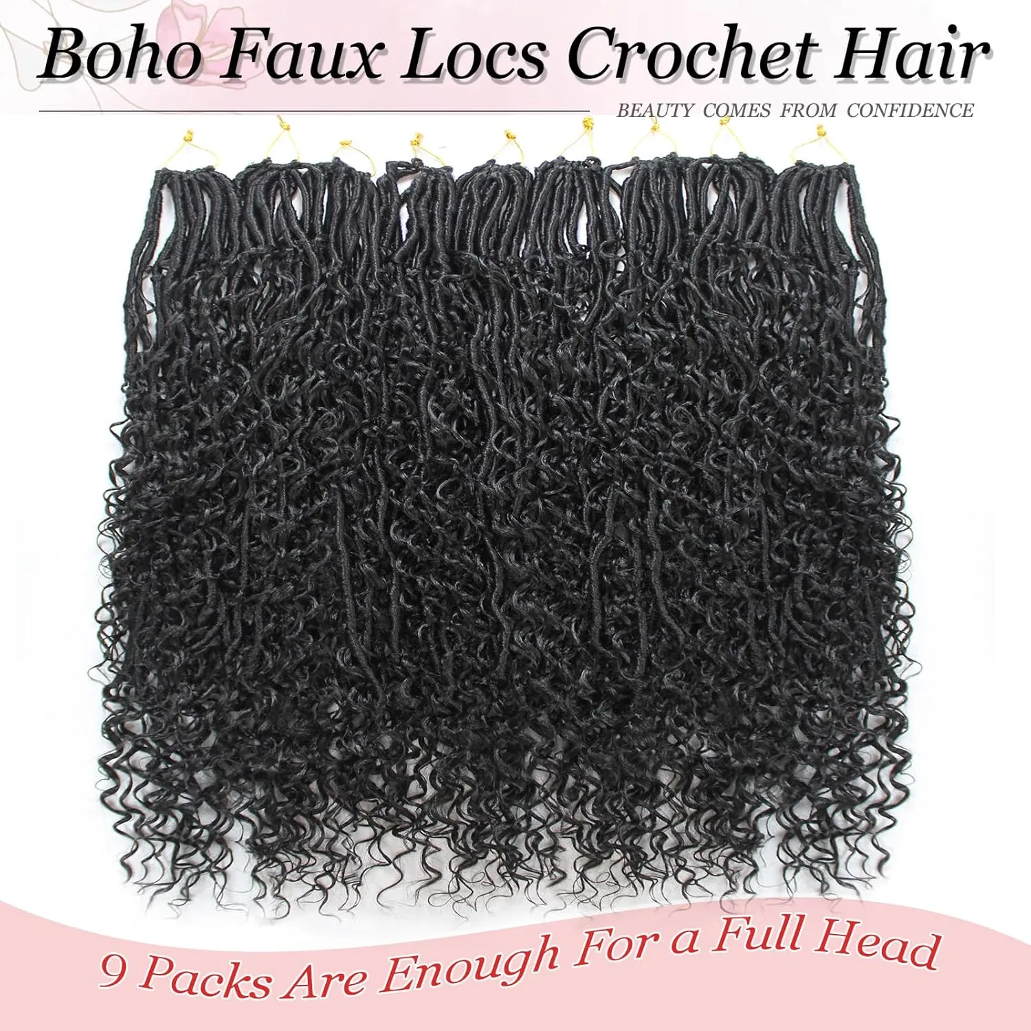 Boho Faux Locs Crochet Hair 9 Packs Long Goddess locs 24 Inch Boho Soft Locs With Curly Ends Pre Looped Bohemian River Loc Crochet Hair For Women (24 inch,1B)