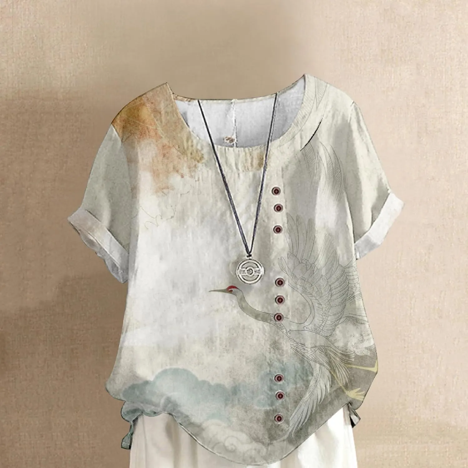 Boho Tops for Women Floral Shirts 2024 Summer Soft Cold Shoulder Short Sleeve Crew Neck Fashion T Shirts Blouse