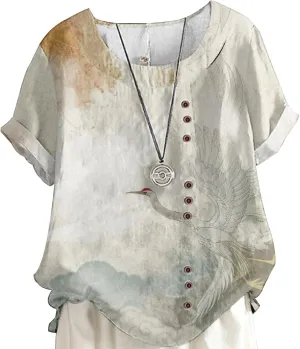 Boho Tops for Women Floral Shirts 2024 Summer Soft Cold Shoulder Short Sleeve Crew Neck Fashion T Shirts Blouse
