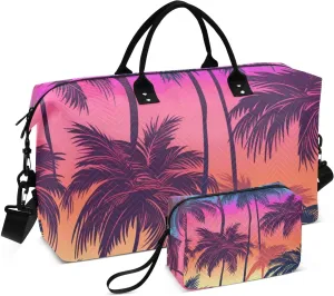 Bolaz Duffle Bag for Travel-Coconut Tree on Pink-，Weekender Overnight Bag with Wet Pocket for Women，Large Carry On Airport Bag with Toiletry Bag for Travel
