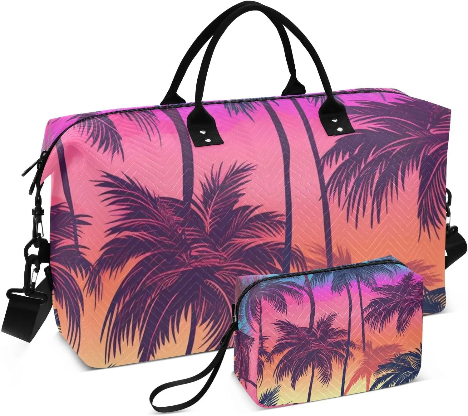 Bolaz Duffle Bag for Travel-Coconut Tree on Pink-，Weekender Overnight Bag with Wet Pocket for Women，Large Carry On Airport Bag with Toiletry Bag for Travel
