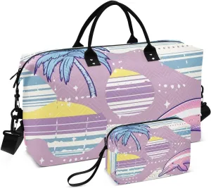 Bolaz Duffle Bag for Travel-Pink Plam Tree with Jump Dolphin Seamless，Weekender Overnight Bag with Wet Pocket for Women，Large Carry On Airport Bag with Toiletry Bag for Travel, Business Trips, Sports