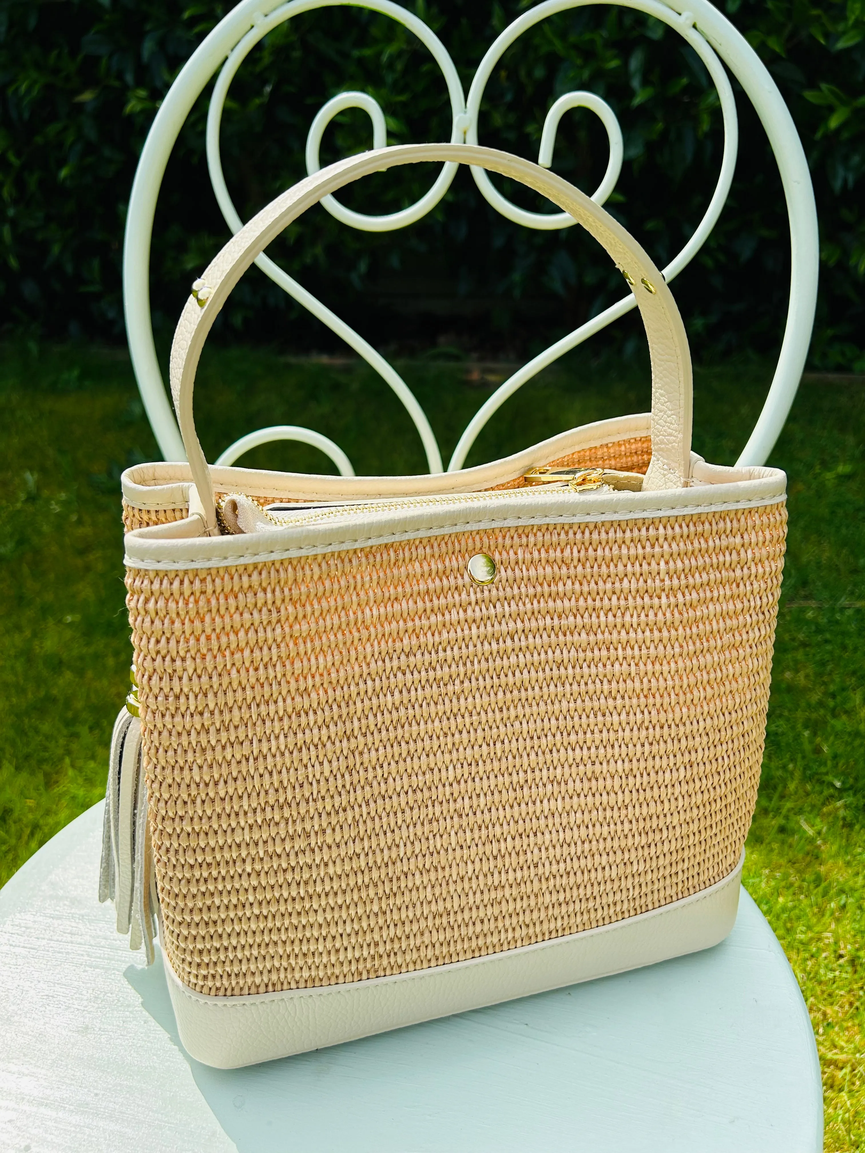 Bologna Woven Raffia & Leather Tote Bag | Cream