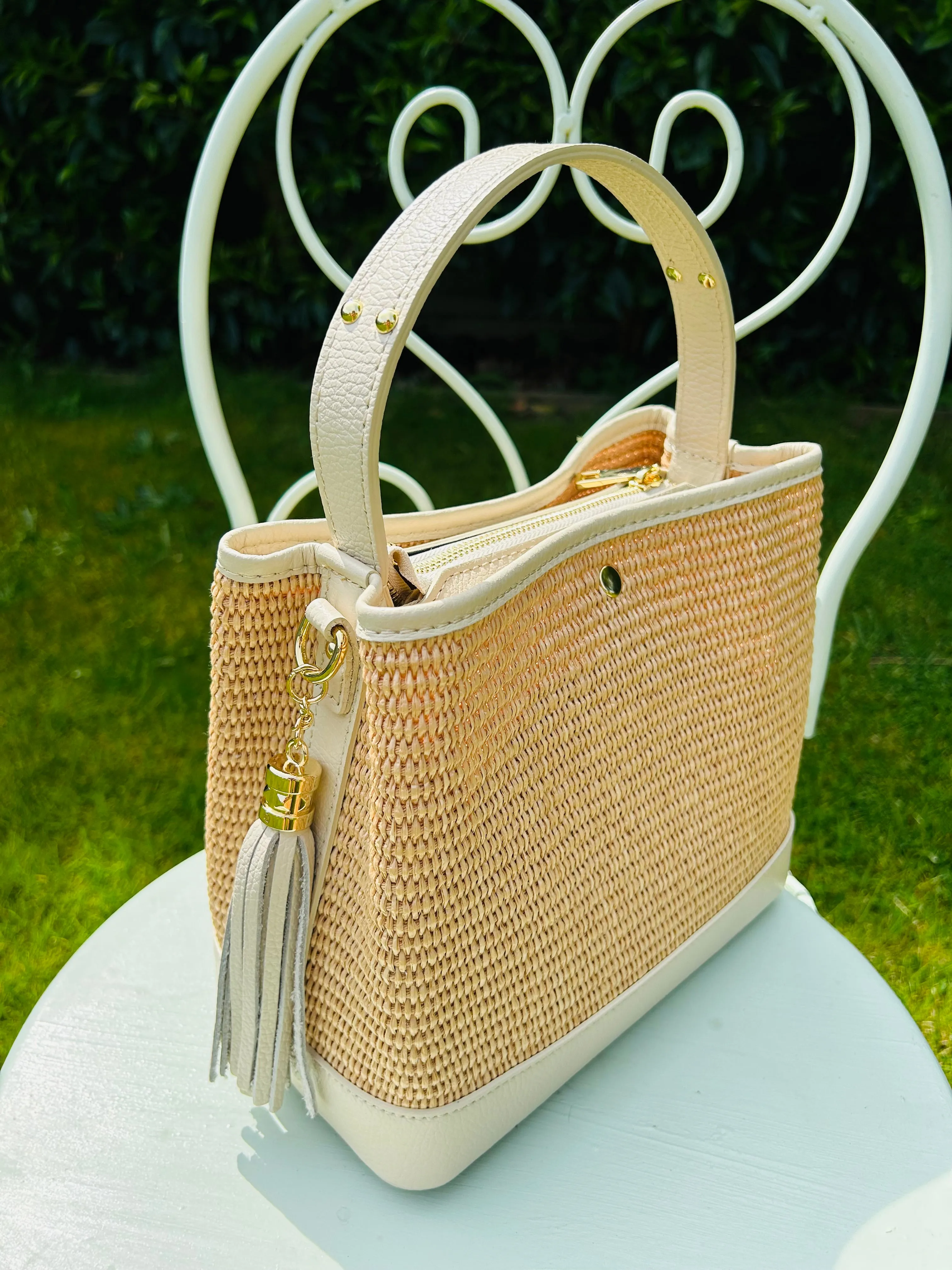 Bologna Woven Raffia & Leather Tote Bag | Cream