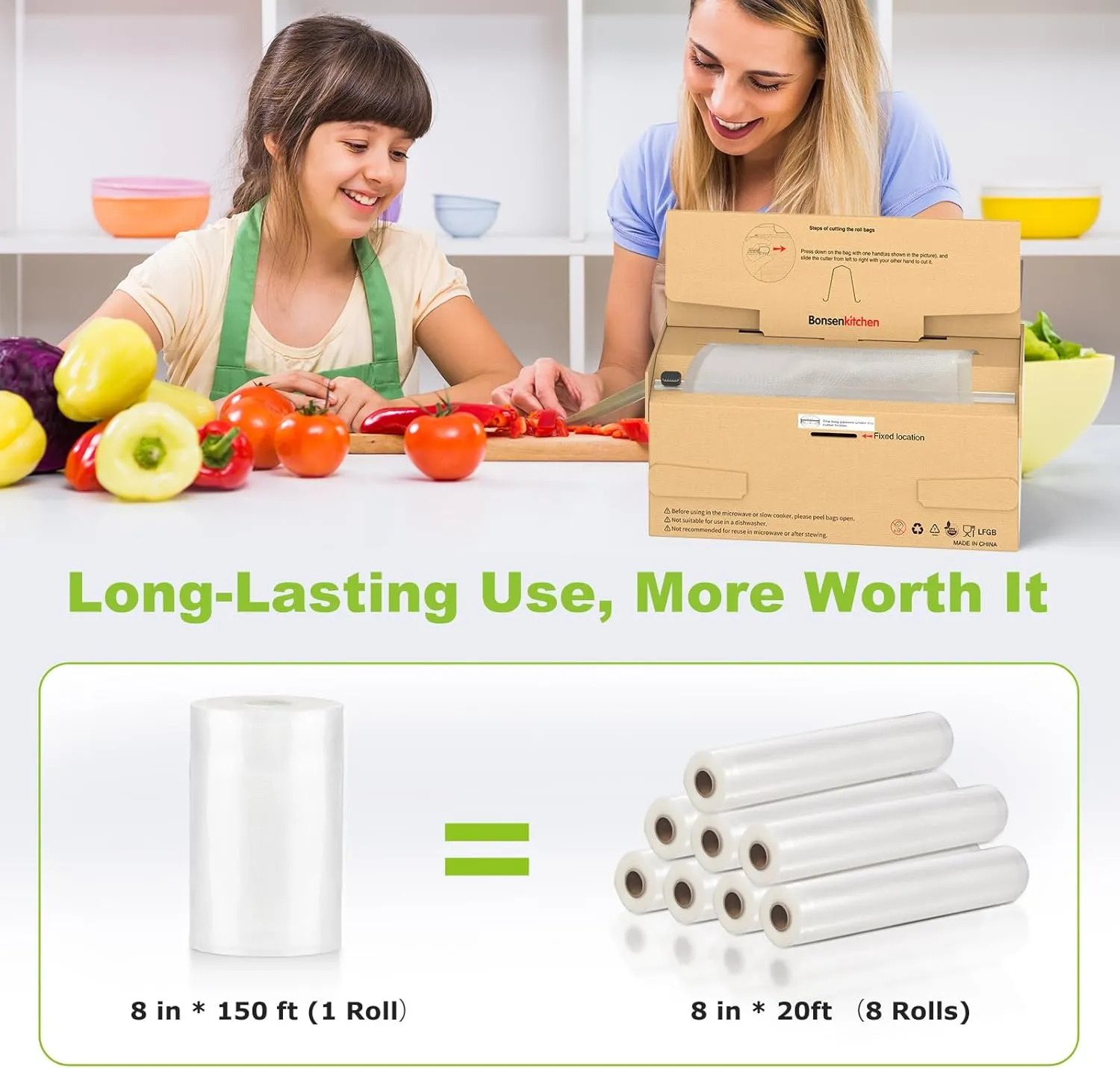 Bonsenkitchen 7.8” x 150’ Food Vacuum Seal Roll Keeper with Cutter, Vacuum Sealer Bags Rolls for Food Storage, Commercial Grade, BPA Free
