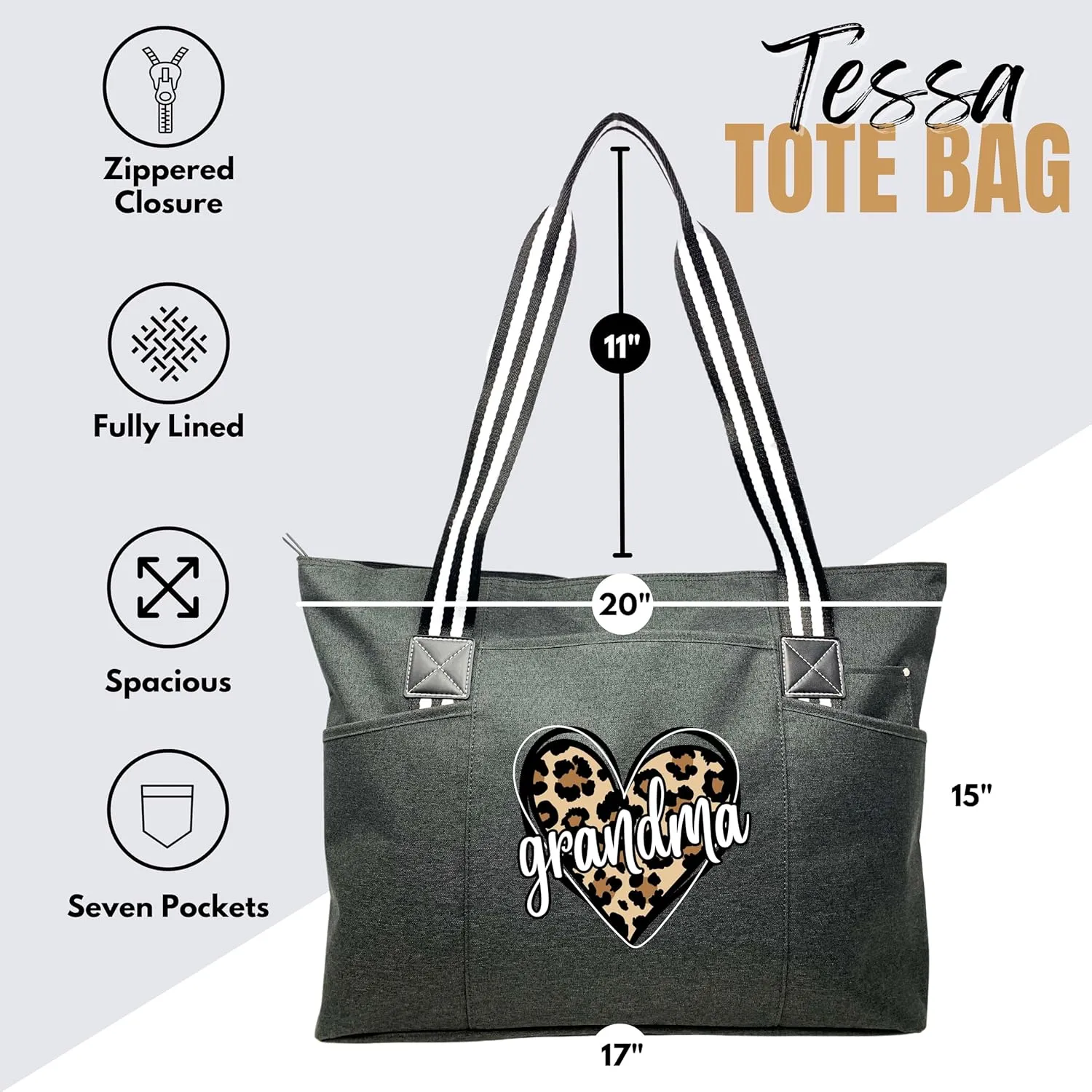 Brooke & Jess Designs Tote Bag for Grandma – Sturdy Canvas Grandma Tote w/Zipper & Inner Pocket Grandma Bag for Everyday Use
