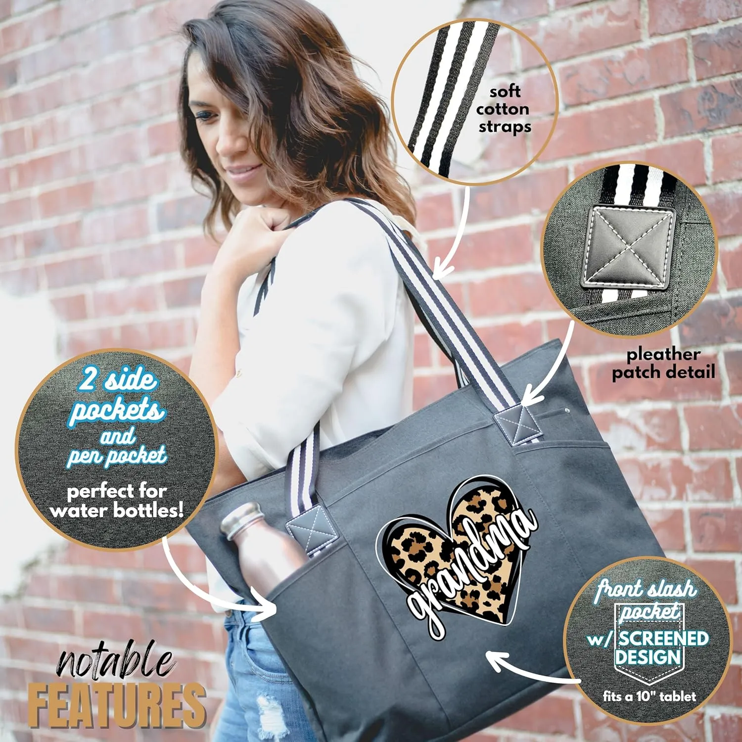 Brooke & Jess Designs Tote Bag for Grandma – Sturdy Canvas Grandma Tote w/Zipper & Inner Pocket Grandma Bag for Everyday Use