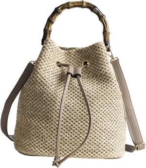 Bucket Bag Women Bamboo Handbag Crossbody Pouch Woven Shoulder Bag Boho Style for Beaches