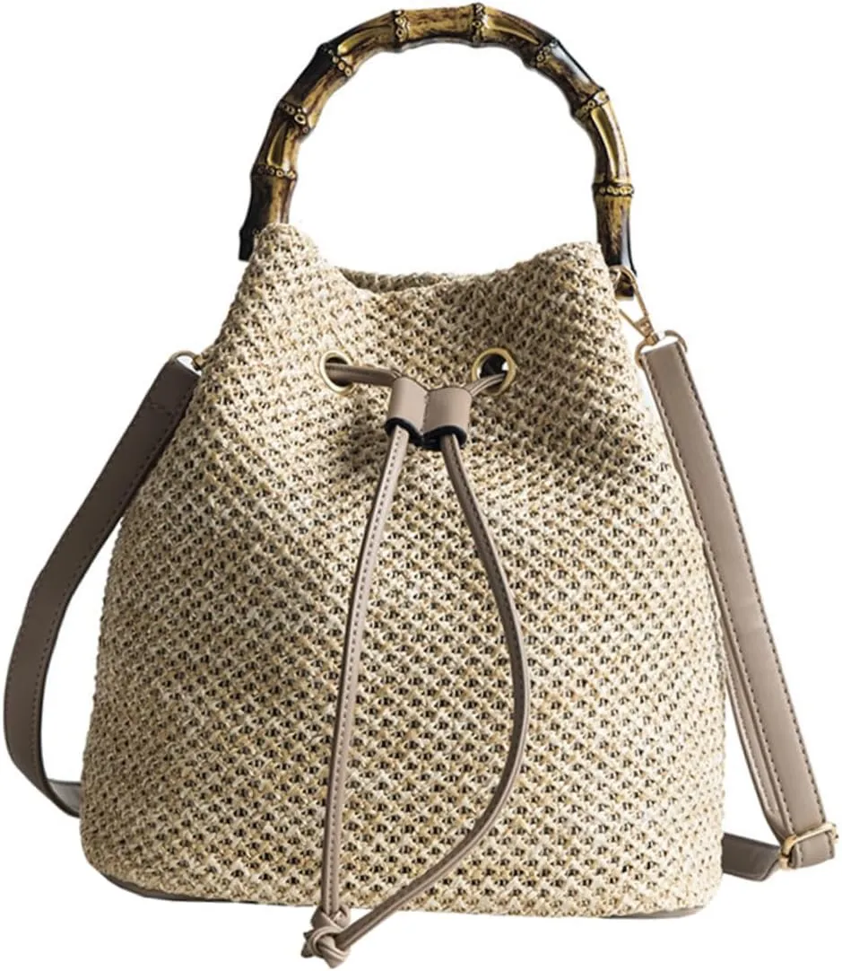 Bucket Bag Women Bamboo Handbag Crossbody Pouch Woven Shoulder Bag Boho Style for Beaches