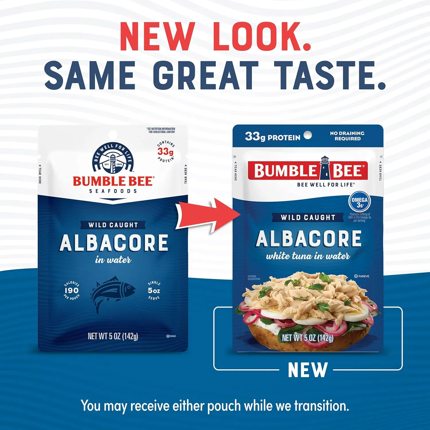 Bumble Bee Chunk White Albacore Tuna in Water, 5 oz Pouches (Pack of 12) - Ready to Eat Wild Caught Tuna Packet - 33g Protein per Pouch, High in Omega-3s - Non-GMO, Gluten Free, Kosher