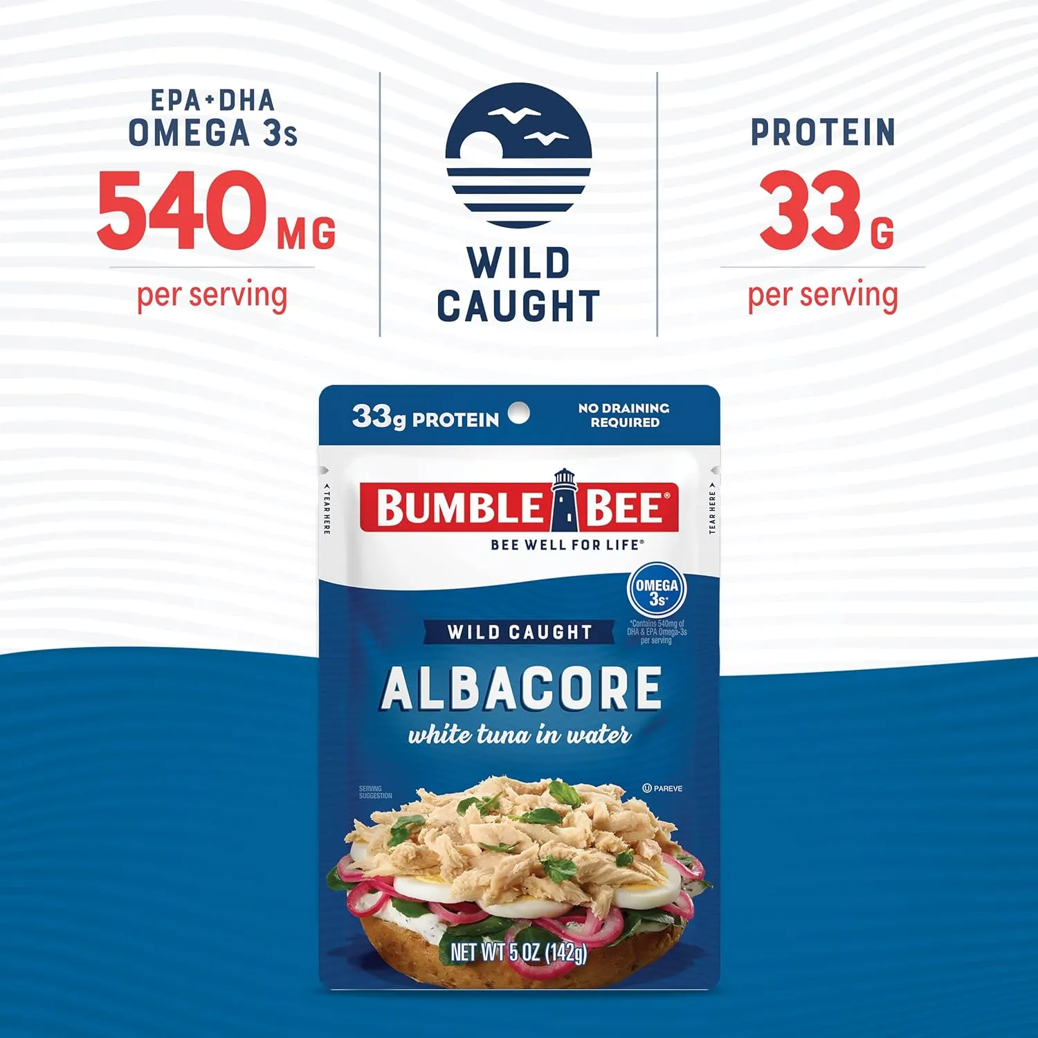 Bumble Bee Chunk White Albacore Tuna in Water, 5 oz Pouches (Pack of 12) - Ready to Eat Wild Caught Tuna Packet - 33g Protein per Pouch, High in Omega-3s - Non-GMO, Gluten Free, Kosher