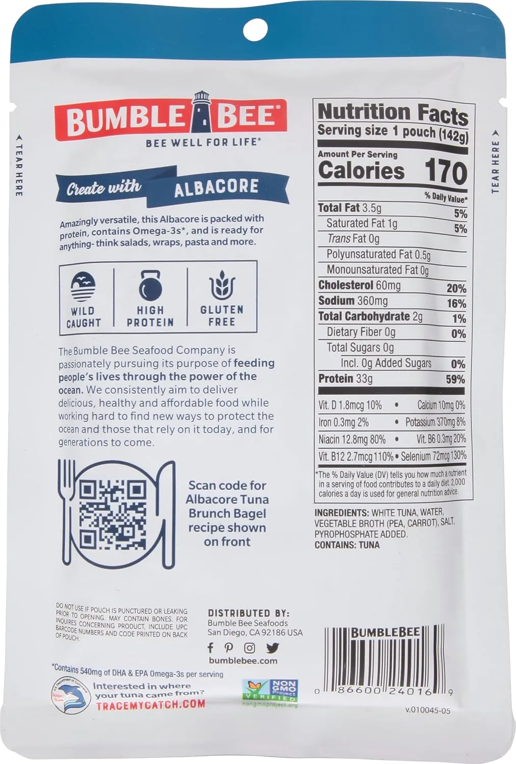 Bumble Bee Chunk White Albacore Tuna in Water, 5 oz Pouches (Pack of 12) - Ready to Eat Wild Caught Tuna Packet - 33g Protein per Pouch, High in Omega-3s - Non-GMO, Gluten Free, Kosher