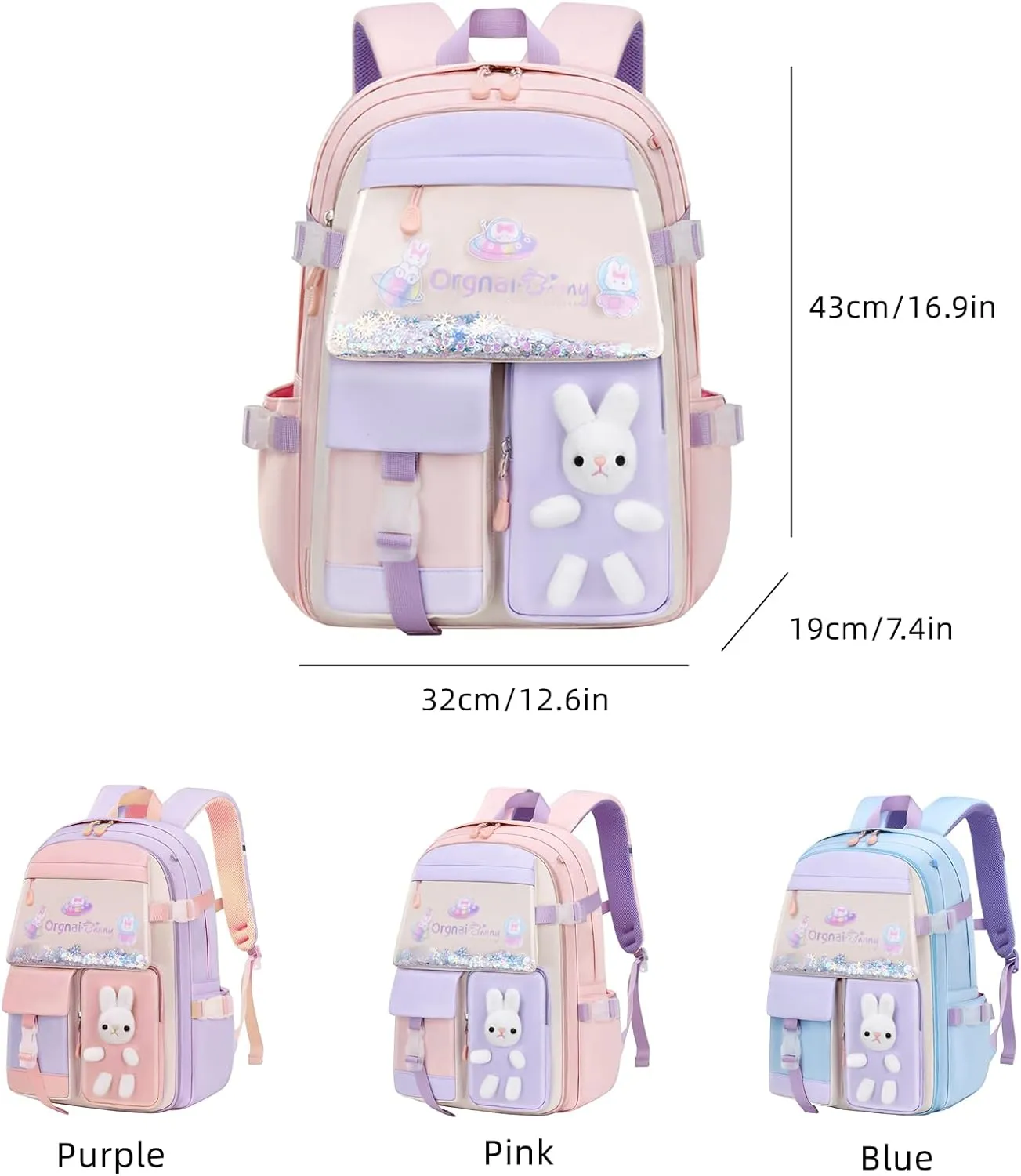 Bunny Backpack for Girls Cute Kids Bookbag for Elementary School Kawaii Preschool Outdoor Daypack Blue
