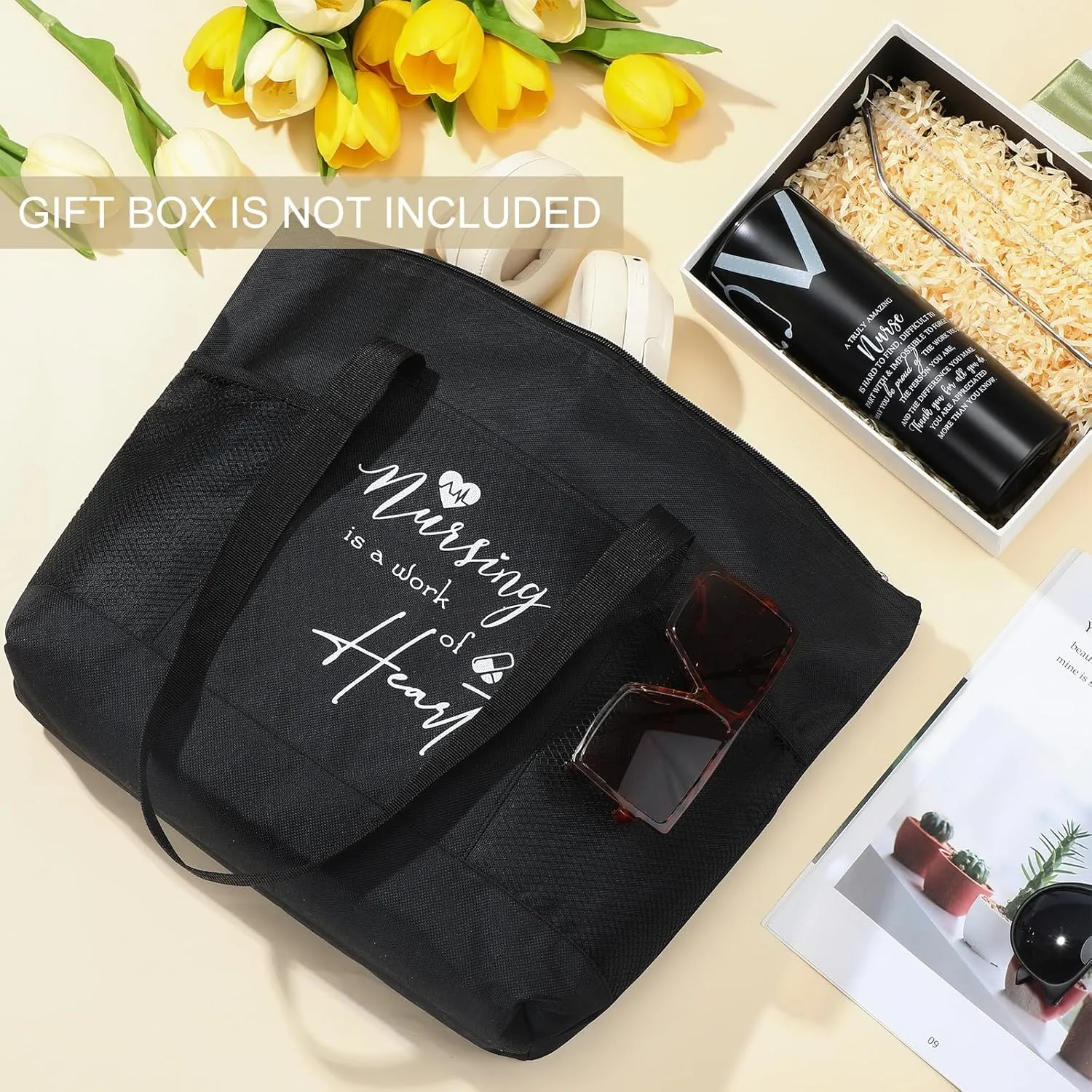 Buryeah 2 Pcs CNA Nurse Week Appreciation Gifts Nursing Tote Bag 20 oz Tumbler Cup with Lid Thank You Gift Women(Black)