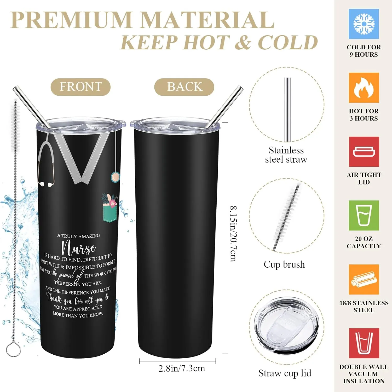 Buryeah 2 Pcs CNA Nurse Week Appreciation Gifts Nursing Tote Bag 20 oz Tumbler Cup with Lid Thank You Gift Women(Black)