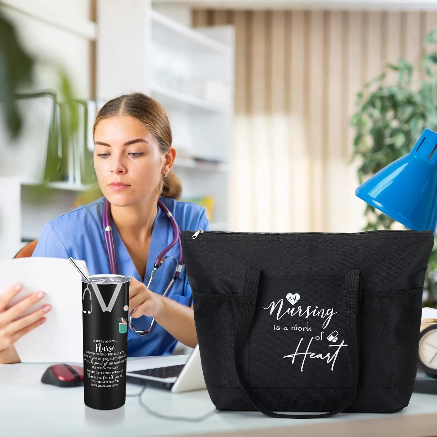 Buryeah 2 Pcs CNA Nurse Week Appreciation Gifts Nursing Tote Bag 20 oz Tumbler Cup with Lid Thank You Gift Women(Black)