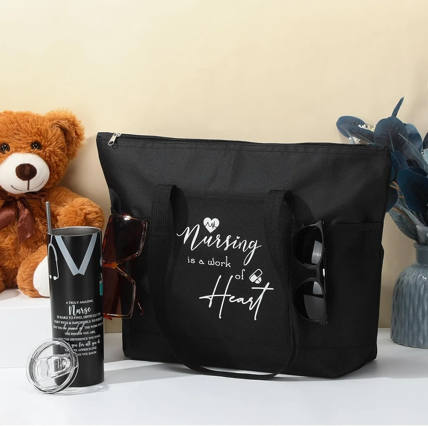 Buryeah 2 Pcs CNA Nurse Week Appreciation Gifts Nursing Tote Bag 20 oz Tumbler Cup with Lid Thank You Gift Women(Black)
