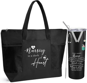Buryeah 2 Pcs CNA Nurse Week Appreciation Gifts Nursing Tote Bag 20 oz Tumbler Cup with Lid Thank You Gift Women(Black)