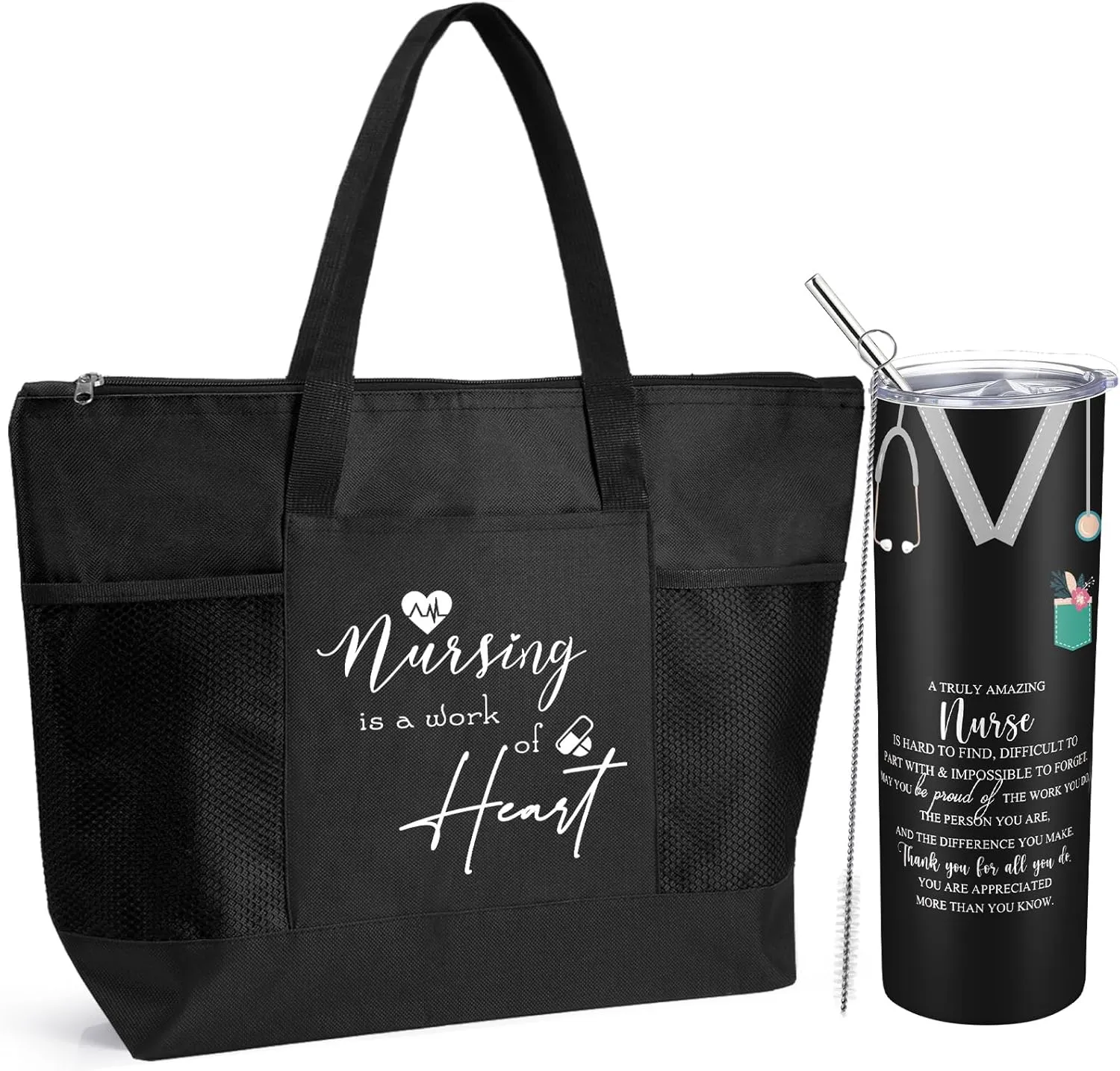 Buryeah 2 Pcs CNA Nurse Week Appreciation Gifts Nursing Tote Bag 20 oz Tumbler Cup with Lid Thank You Gift Women(Black)