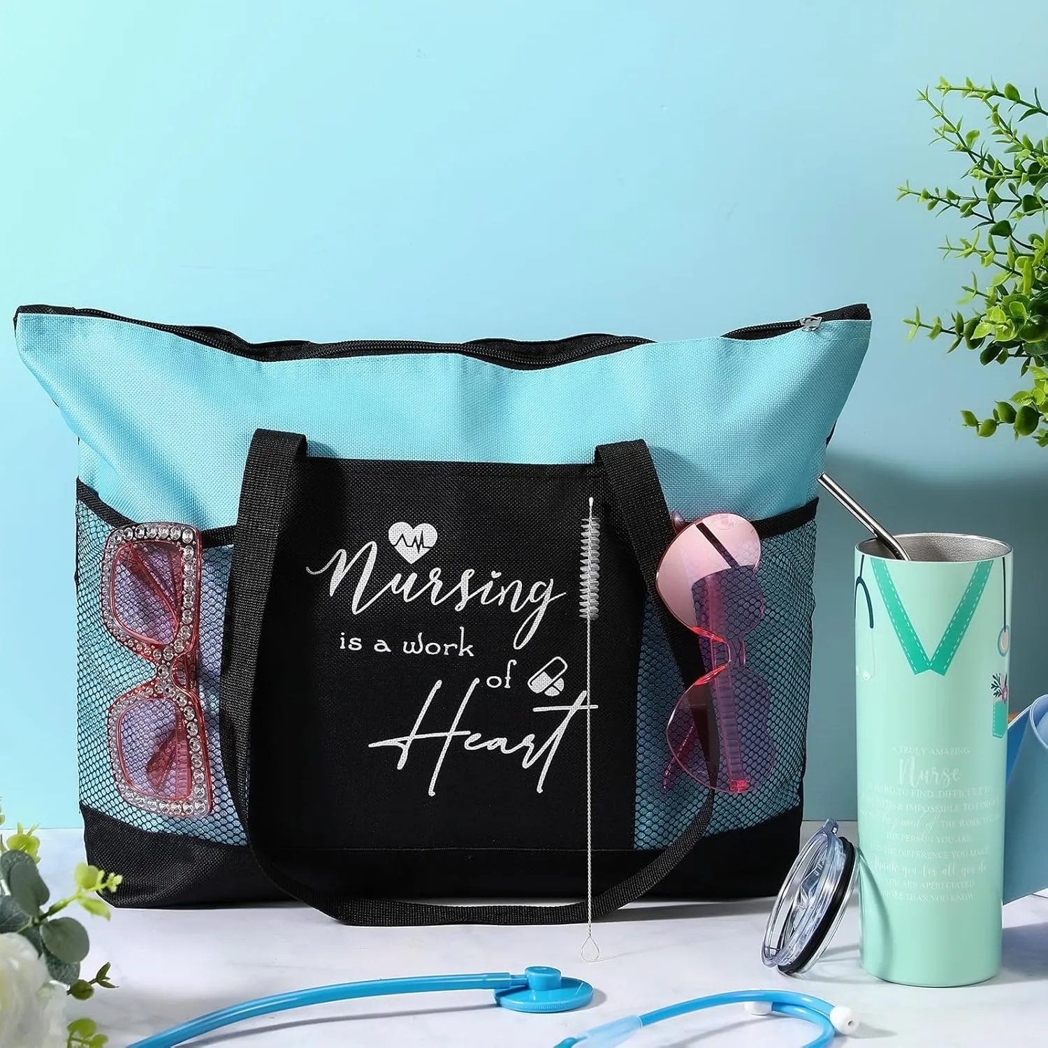 Buryeah 2 Pcs CNA Nurse Week Appreciation Gifts Nursing Tote Bag 20 oz Tumbler Cup with Lid Thank You Gift Women(Blue)