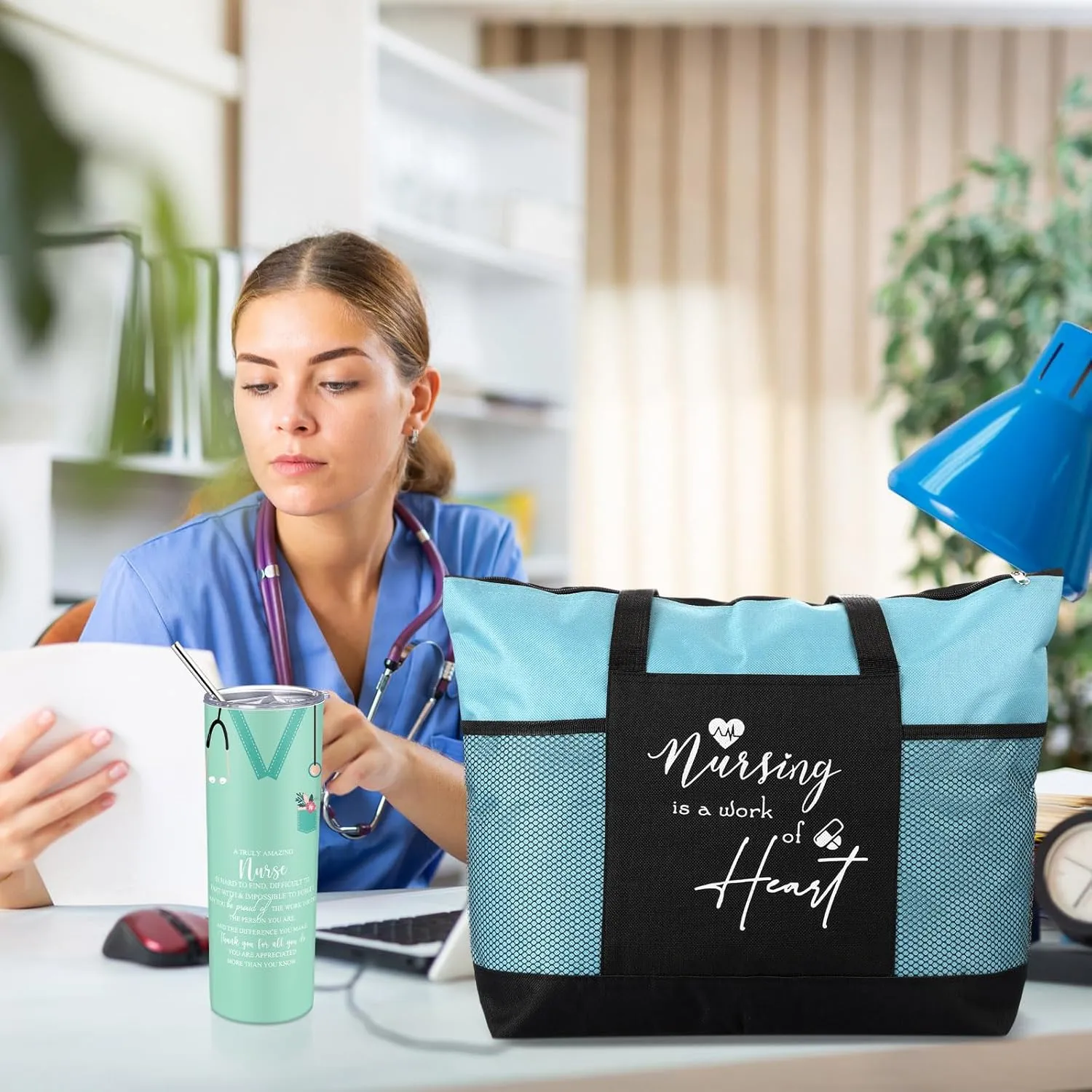 Buryeah 2 Pcs CNA Nurse Week Appreciation Gifts Nursing Tote Bag 20 oz Tumbler Cup with Lid Thank You Gift Women(Blue)