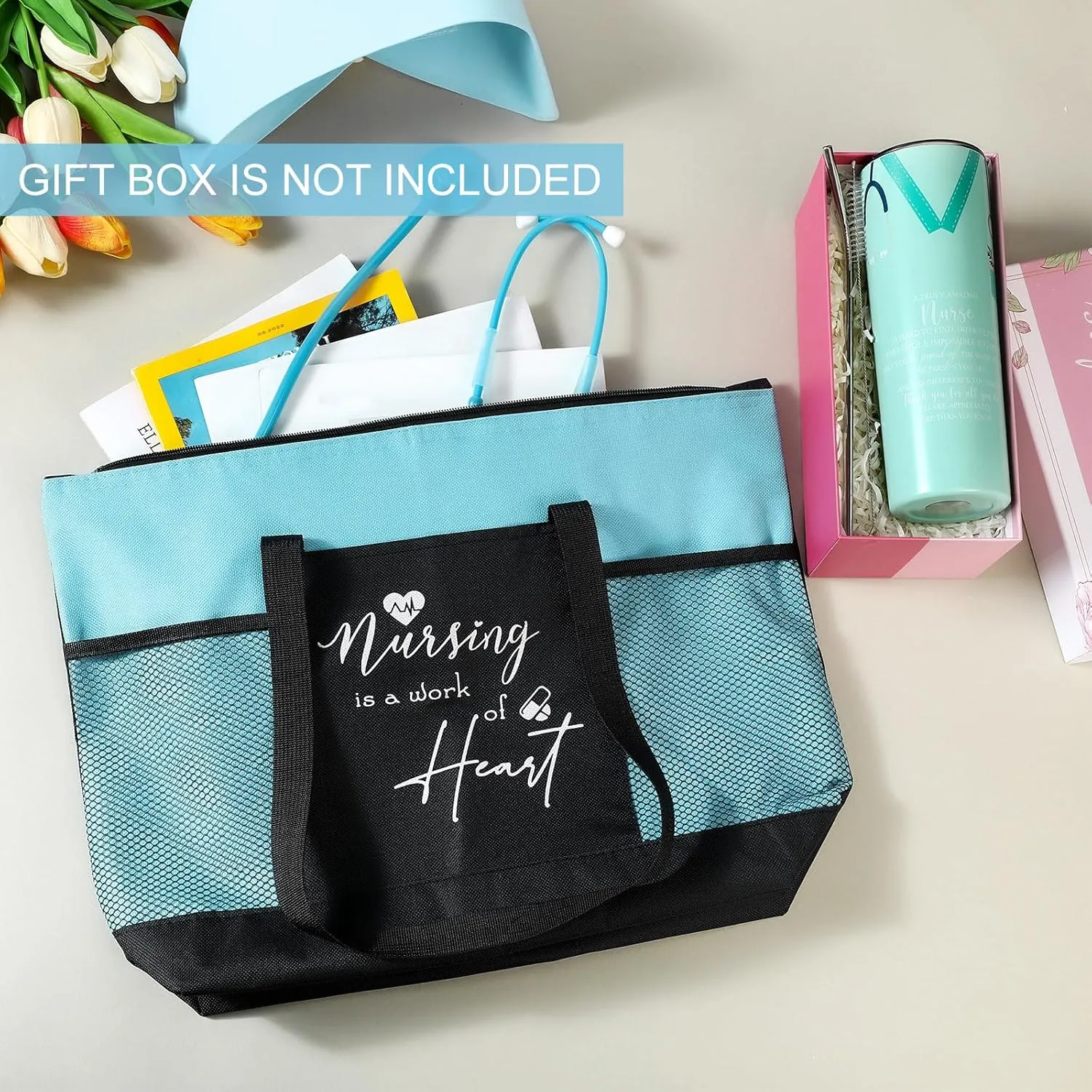 Buryeah 2 Pcs CNA Nurse Week Appreciation Gifts Nursing Tote Bag 20 oz Tumbler Cup with Lid Thank You Gift Women(Blue)