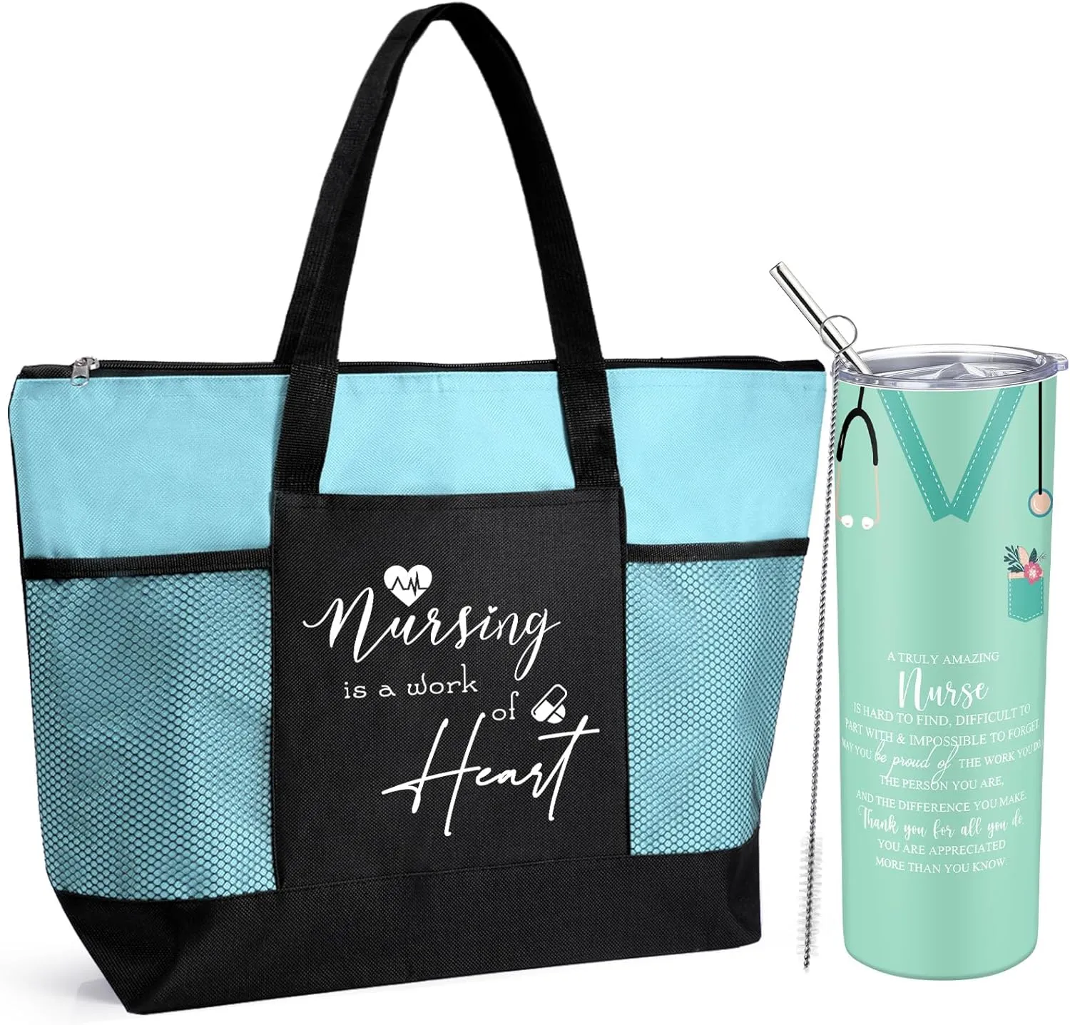 Buryeah 2 Pcs CNA Nurse Week Appreciation Gifts Nursing Tote Bag 20 oz Tumbler Cup with Lid Thank You Gift Women(Blue)