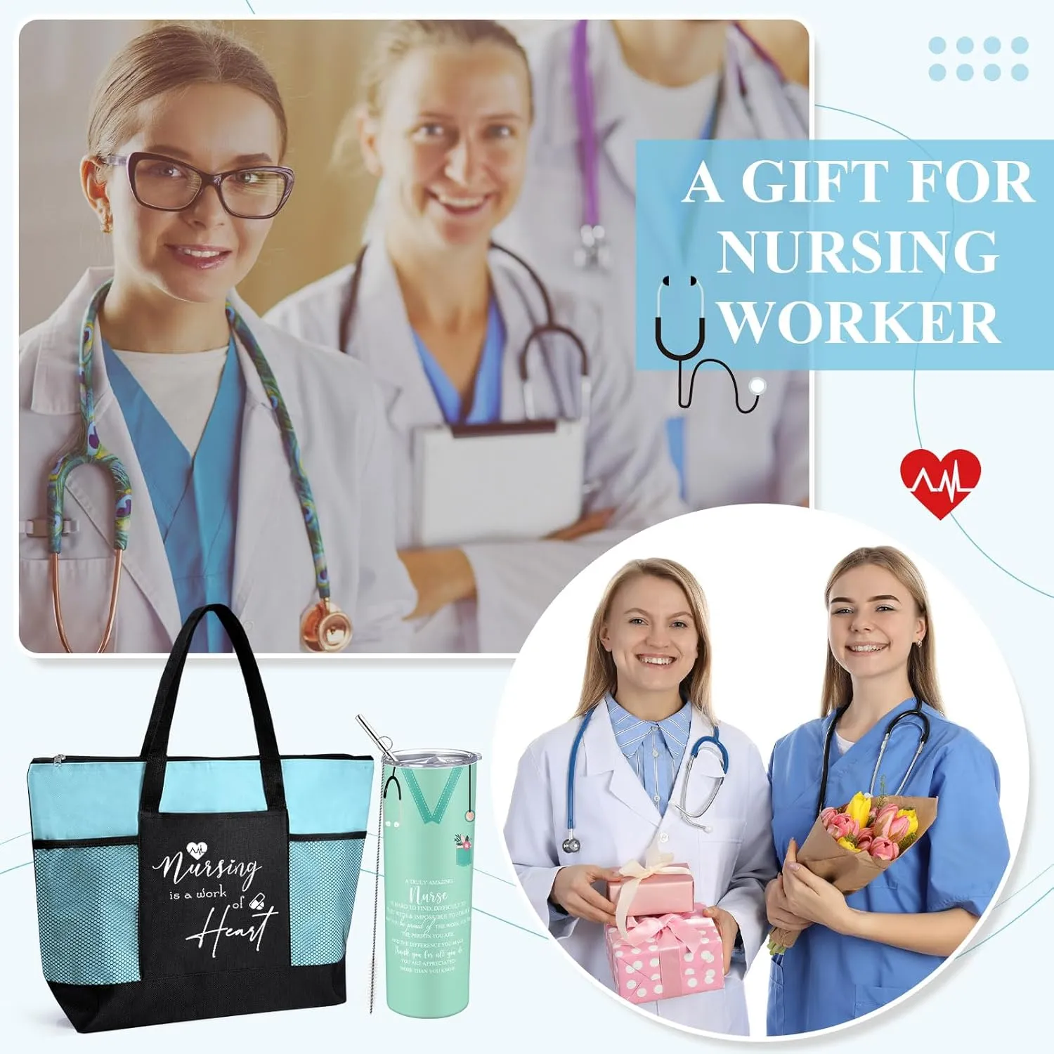 Buryeah 2 Pcs CNA Nurse Week Appreciation Gifts Nursing Tote Bag 20 oz Tumbler Cup with Lid Thank You Gift Women(Blue)