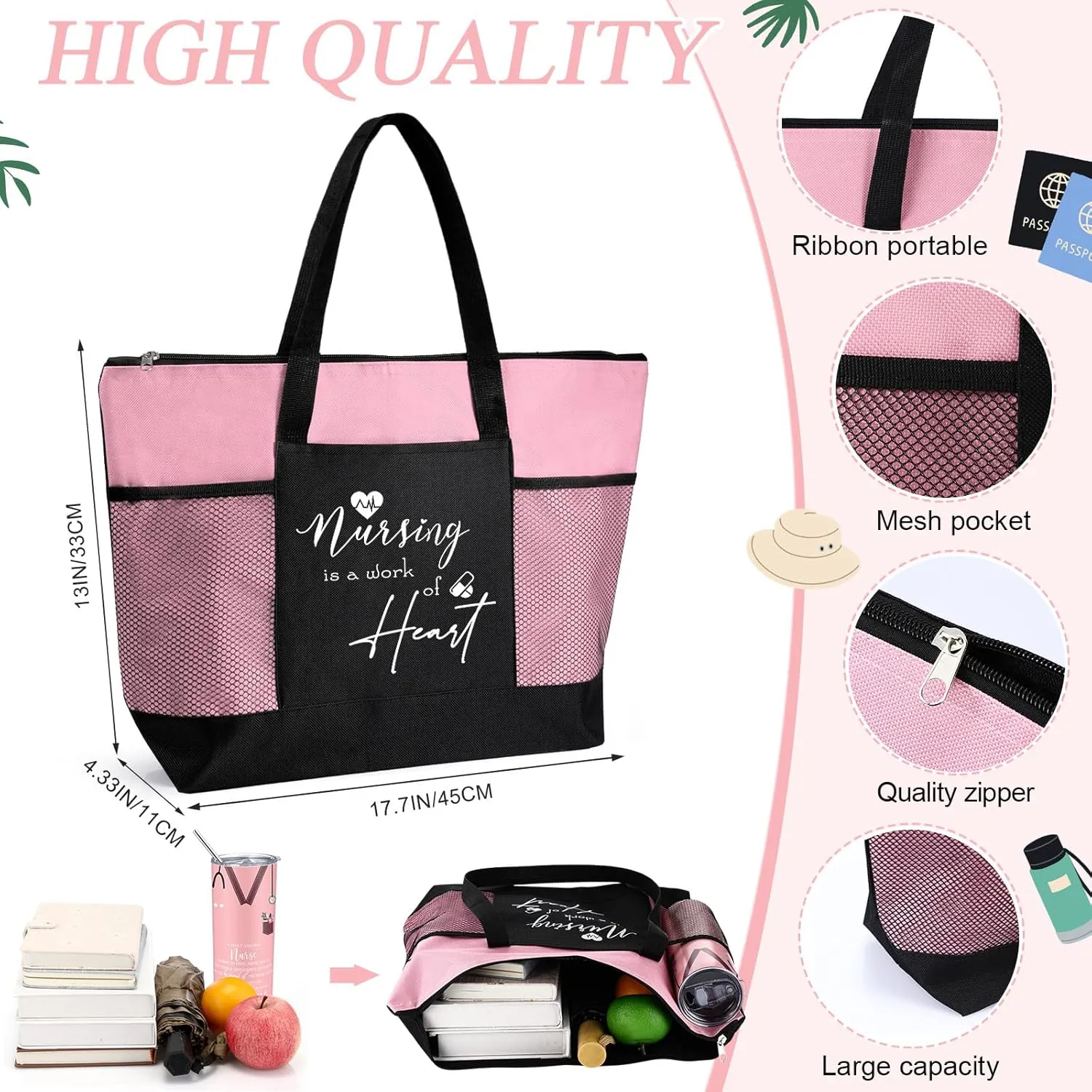 Buryeah 2 Pcs CNA Nurse Week Appreciation Gifts Nursing Tote Bag 20 oz Tumbler Cup with Lid Thank You Gift Women(Pink)