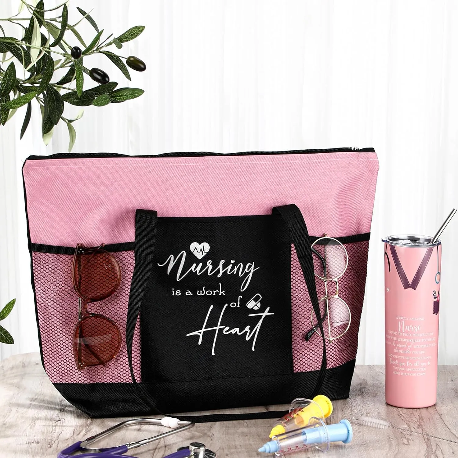 Buryeah 2 Pcs CNA Nurse Week Appreciation Gifts Nursing Tote Bag 20 oz Tumbler Cup with Lid Thank You Gift Women(Pink)
