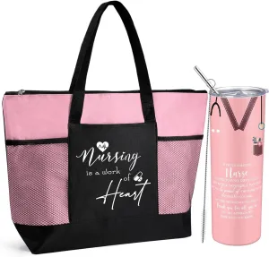 Buryeah 2 Pcs CNA Nurse Week Appreciation Gifts Nursing Tote Bag 20 oz Tumbler Cup with Lid Thank You Gift Women(Pink)